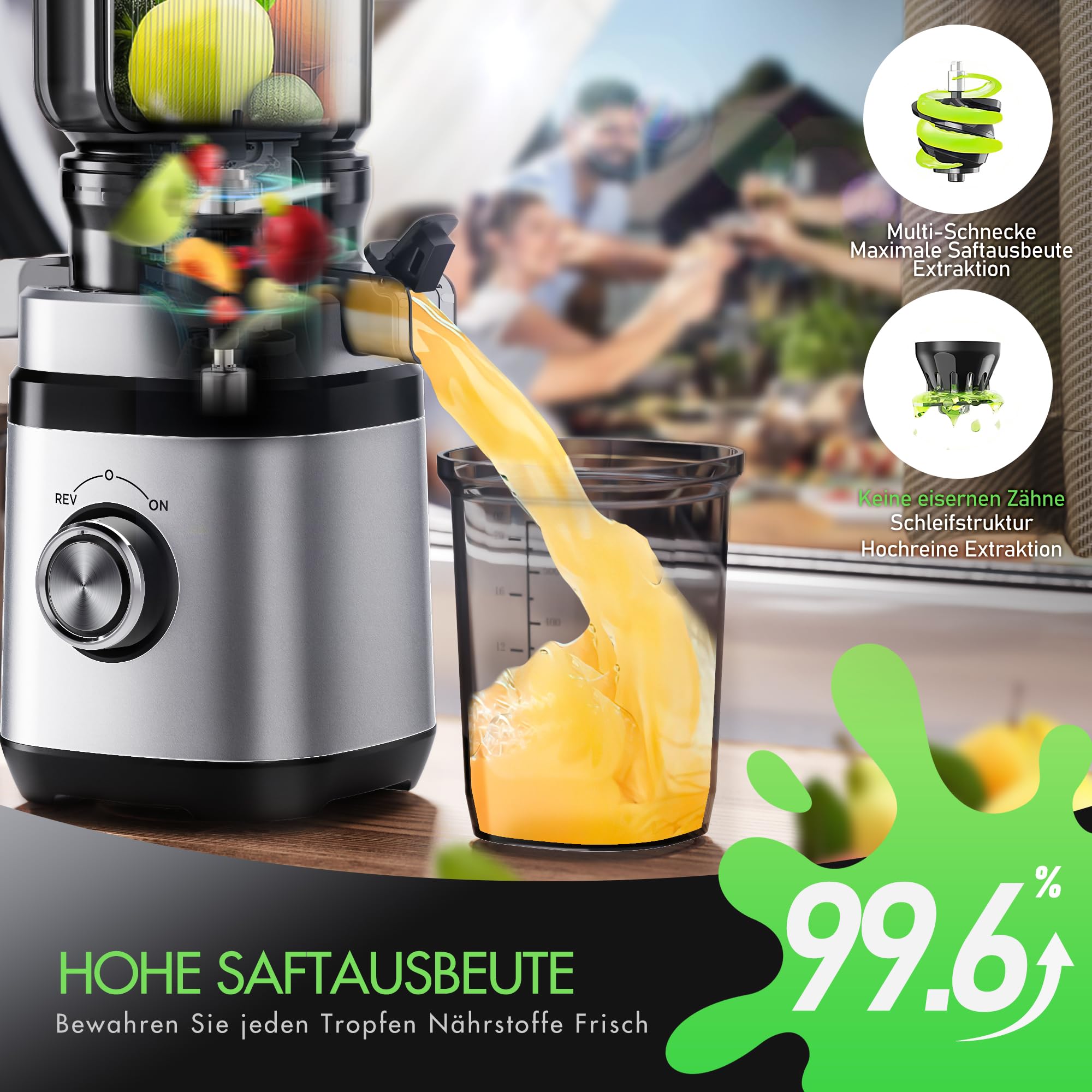 Extractor de Zumos en Frío | Slow Juicer para Frutas y Verduras | Motor DC Ultrasilencioso de 350W | Abertura Ancha de 110 mm | 2 Vasos Incluidos | Exprimidor Eléctrico