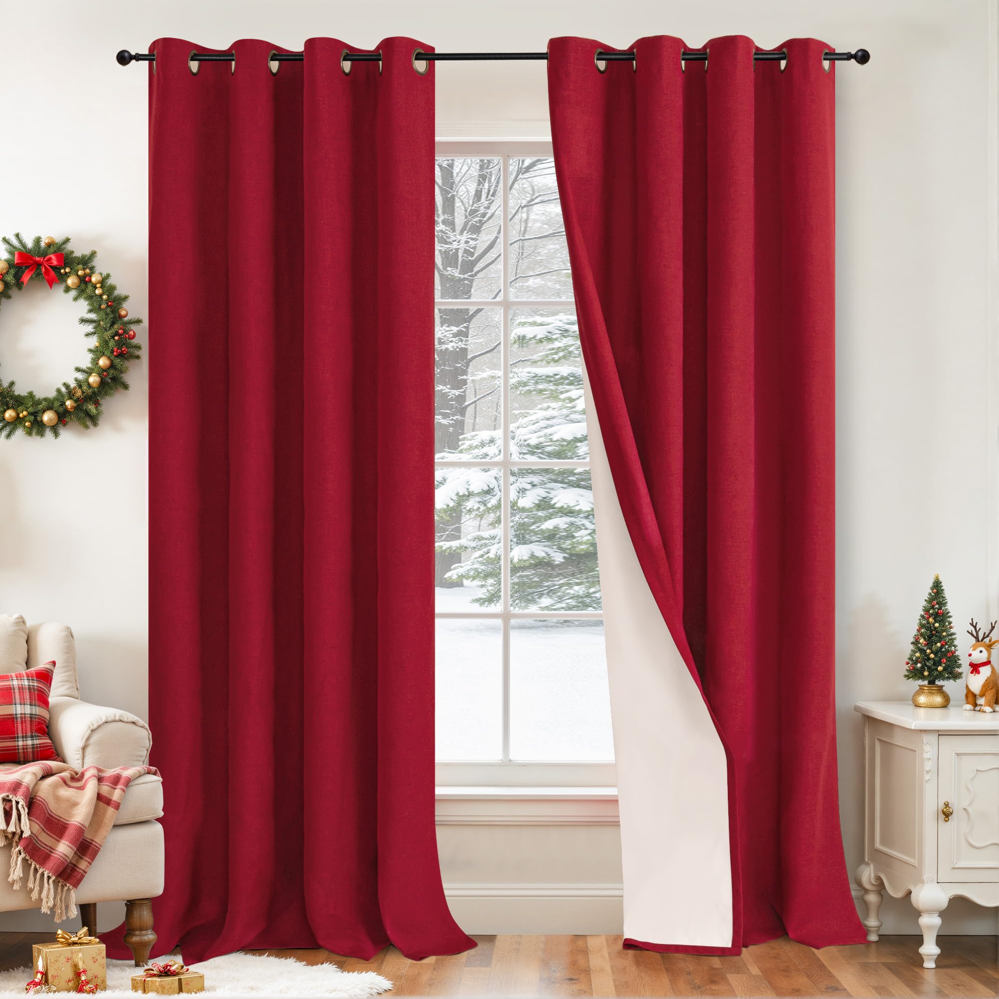 Lajode Tende oscuranti rosse in 100% lino, per decorazioni natalizie invernali, lunghe 240 cm, larghezza 132 cm, extra lunghe, isolamento termico, blocco della luce, tende per finestre, ognuna 132 x