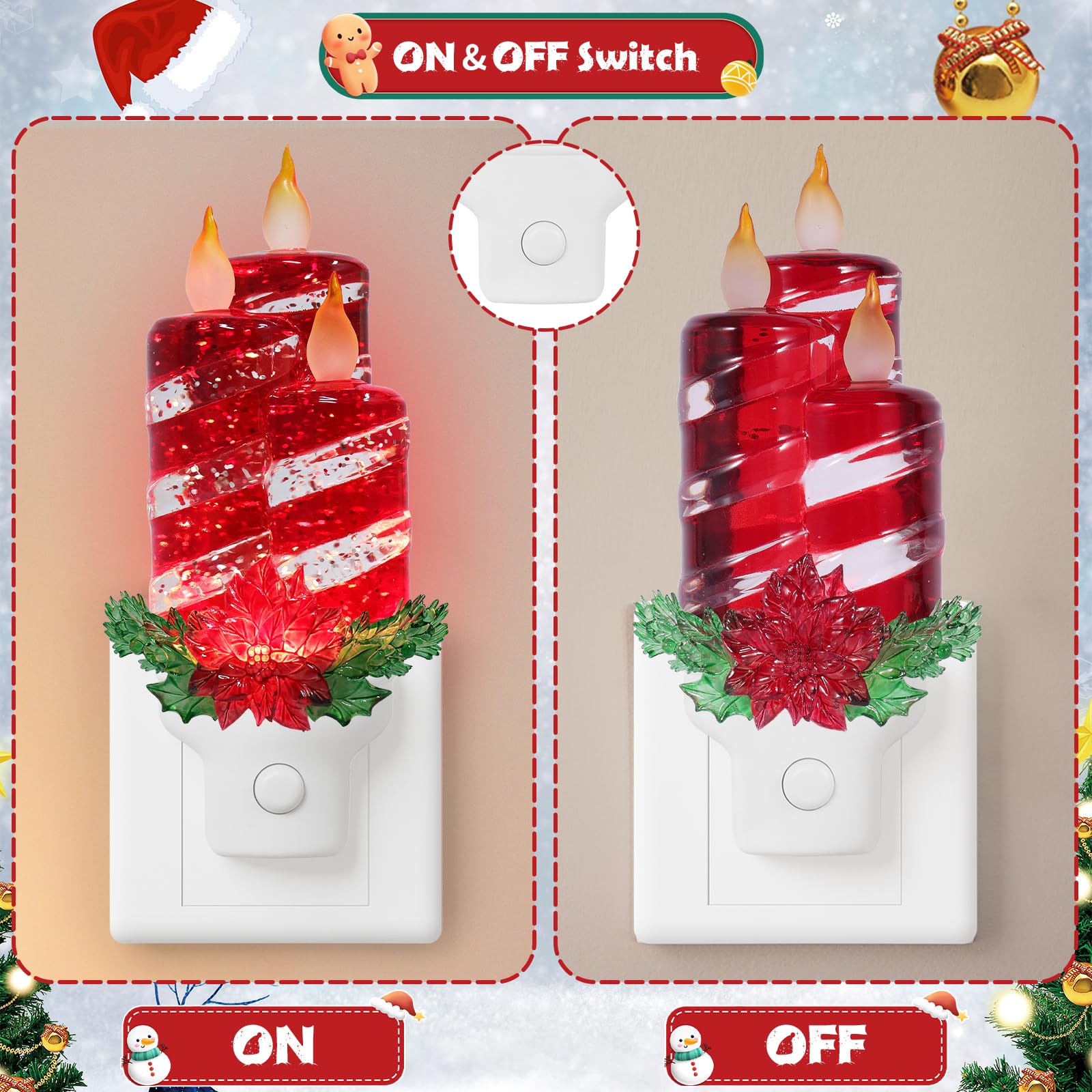 2 sztuki świątecznych świec, lampka nocna do podłączenia do ściany, brokatowa, woda, lampka nocna z opcjami USB/gniazdka, świąteczna dekoracyjna lampka nocna do sypialni, kuchni, przedszkola