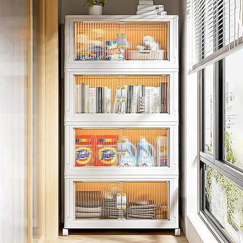 JOYBOS Paquete de 4 contenedores apilables con tapas y ruedas, contenedores de almacenamiento de plástico de 32 galones, contenedores de