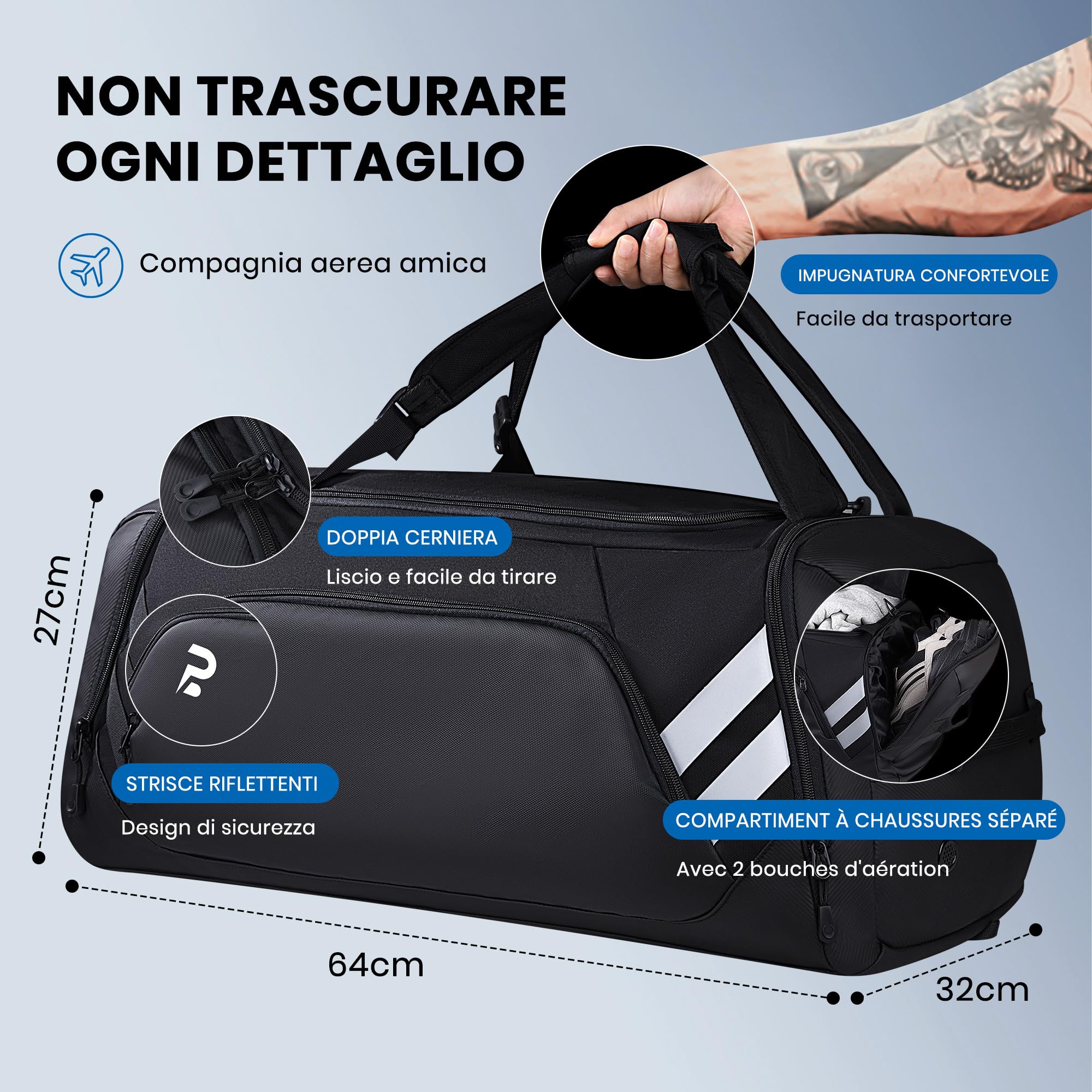 58L Borsone Palestra Uomo Donna con Porta Scarpe e Tasca Umida da Viaggio | Borsa Sportiva Uomo con Porta Scarpe e Tasca Umida da Viaggio, Borsone Palestra per il fitness, lo sport, il campeggio