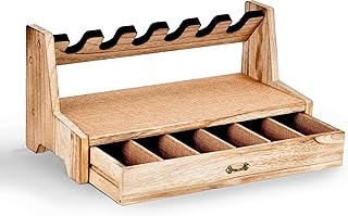 Wooden Organiser Gun Storage Rack Gun Organiser Case with drawer 6 compartments, 6 U-Slots for Pistols, Storage for Accessories Bullets, Tung wood, 17.5” x 7.8” x 8.5” - Hantoptik