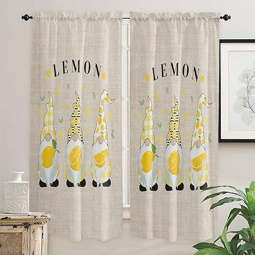 Kitchen Curtains 2 Panels Rod Pocket Tier Curtain Lemon Dwarf Summer Yellow Fruit Window Valance,Light Filtering Window Treatment Gnome Retro Linen