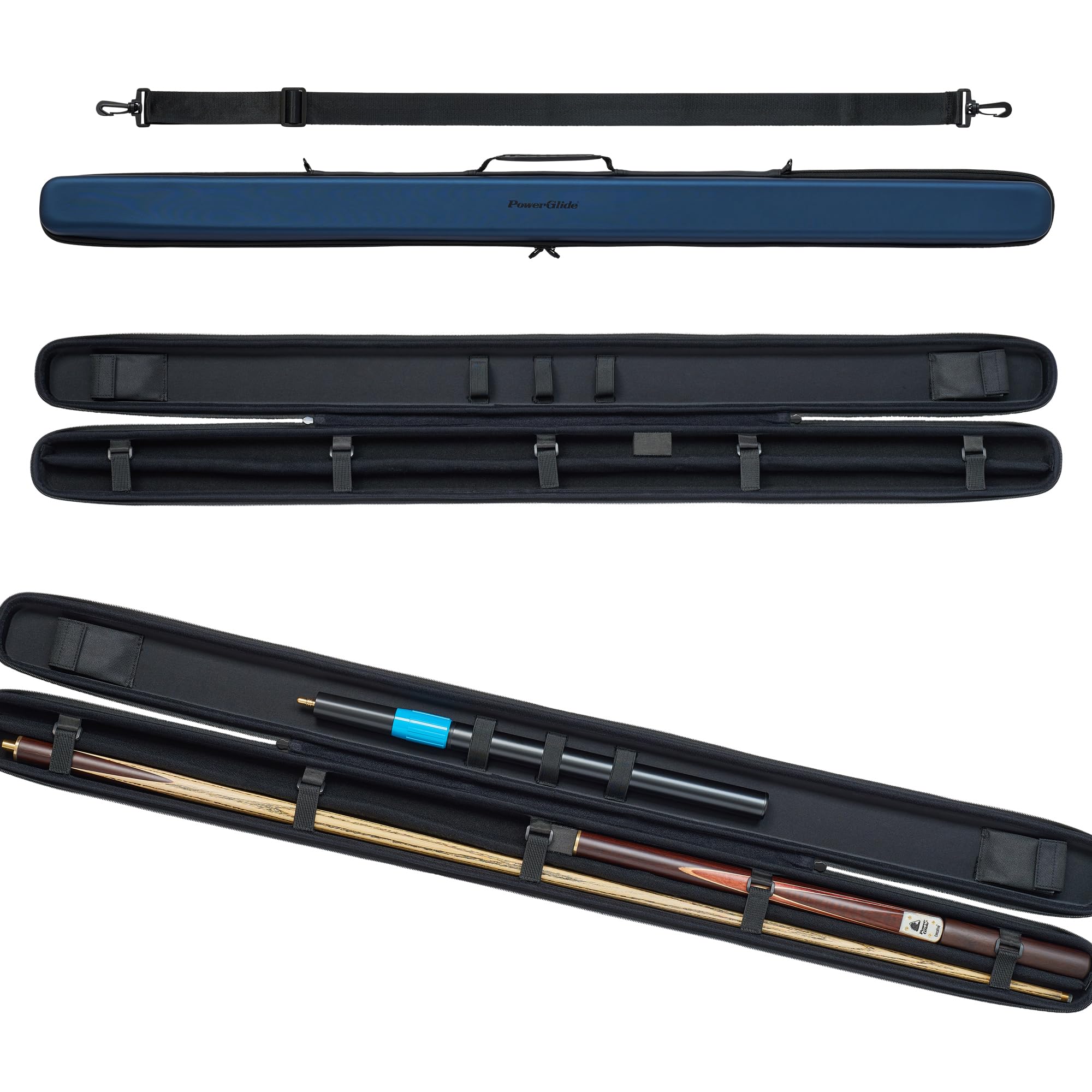 PowerGlide Svartur Étui pour queue de billard ou de billard Design moderne EVA doux au toucher Poignée et bandoulière Intérieur en mousse de protection Poches pour accessoires Compatible avec 2 queues