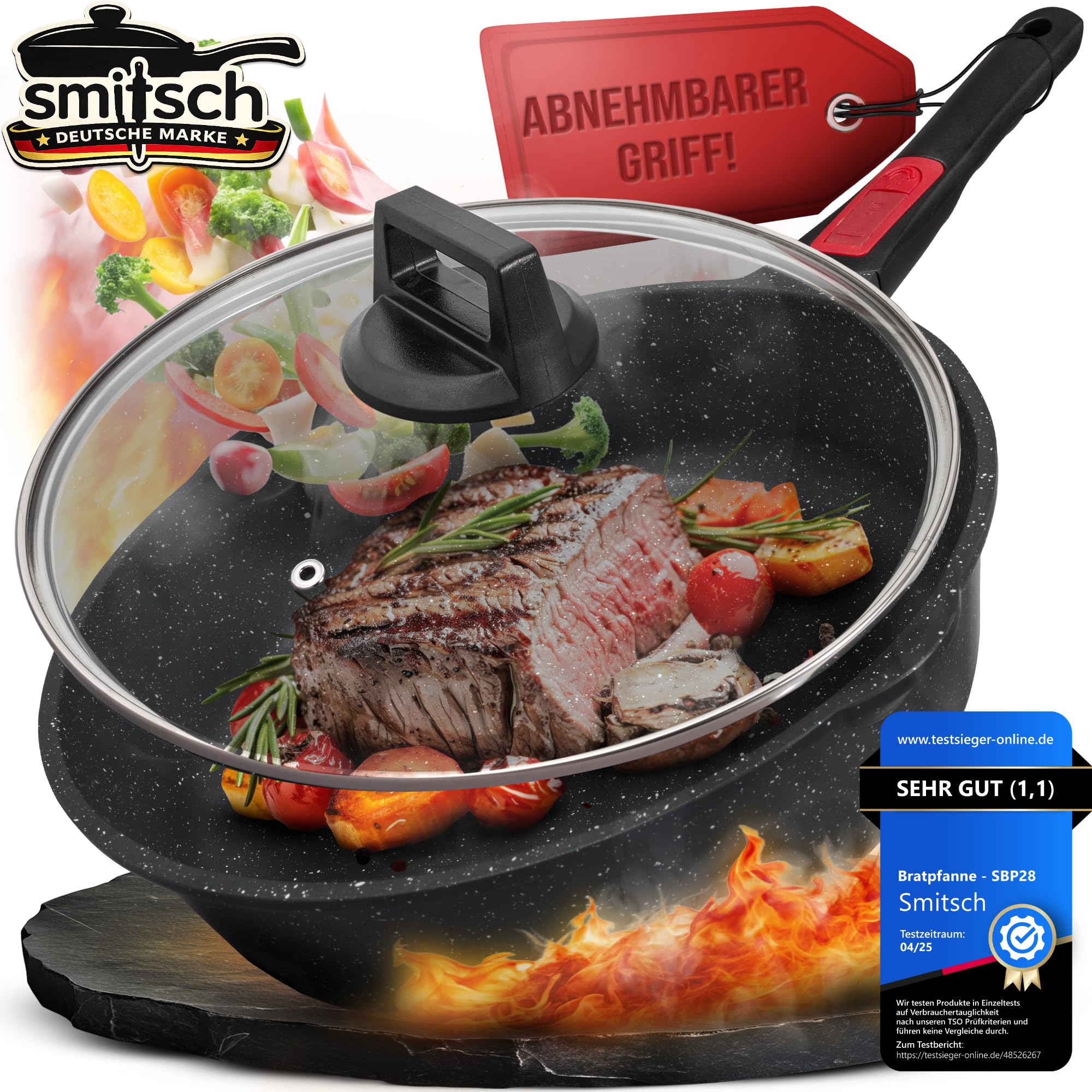 Bratpfanne 28 cm mit Deckel – Beschichtet, abnehmbarer Griff, spülmaschinenfeste,ofenfeste pfanne,pfannen induktion, pfanne 28 cm hoher rand, PFOA frei, Pan 28cm