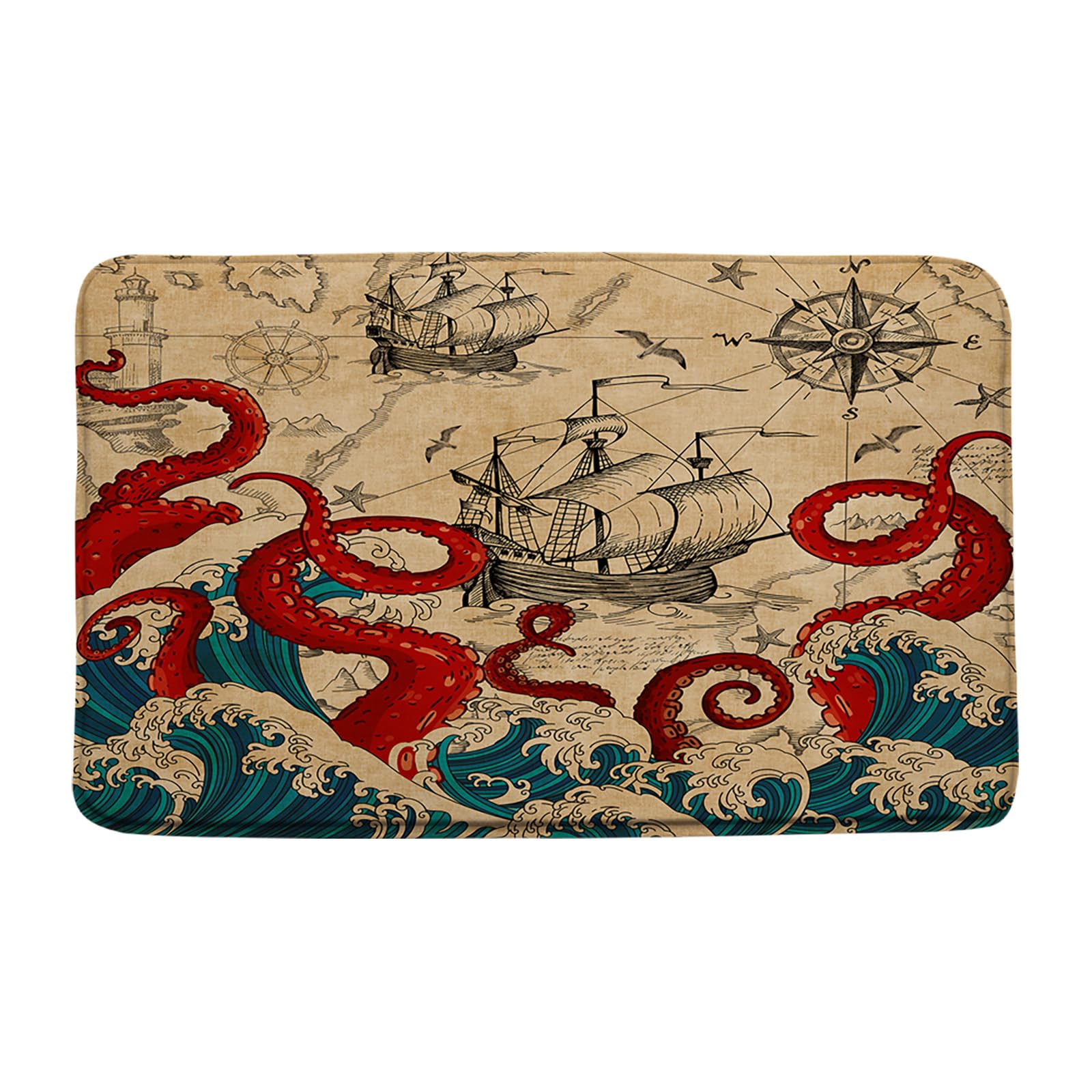Sunhe Japanese Great Wave Bath Mat Red Octopus Tentacle Nautical Map Boat Cool Ocean Animal Vintage 16