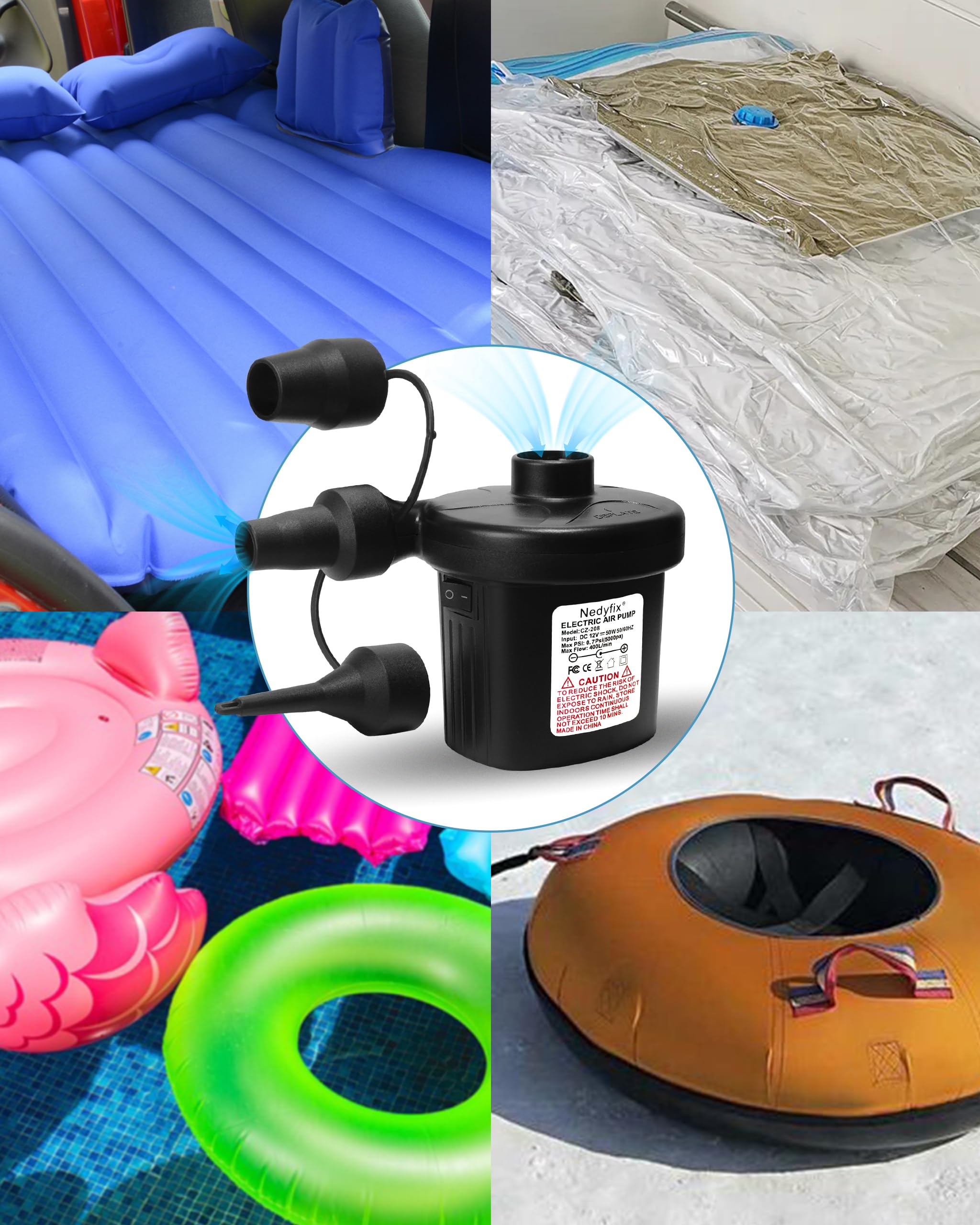 Bomba de aire eléctrica inflable, 110 V CA/12 V CC, bomba de inflado rápido portátil con 3 boquillas, utilizada para barcos inflables, etc