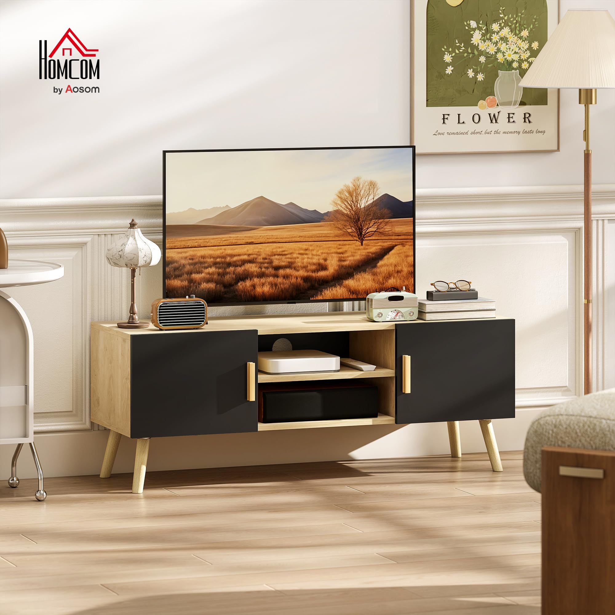 HOMCOM Meuble TV Meuble télé Bois Banc TV jusqu'à 50 Pouces avec étagères, 2 placards et Passe-câbles pour Salon, Chambre à Coucher, 110 x 36,2 x 42 cm, chêne et Noir