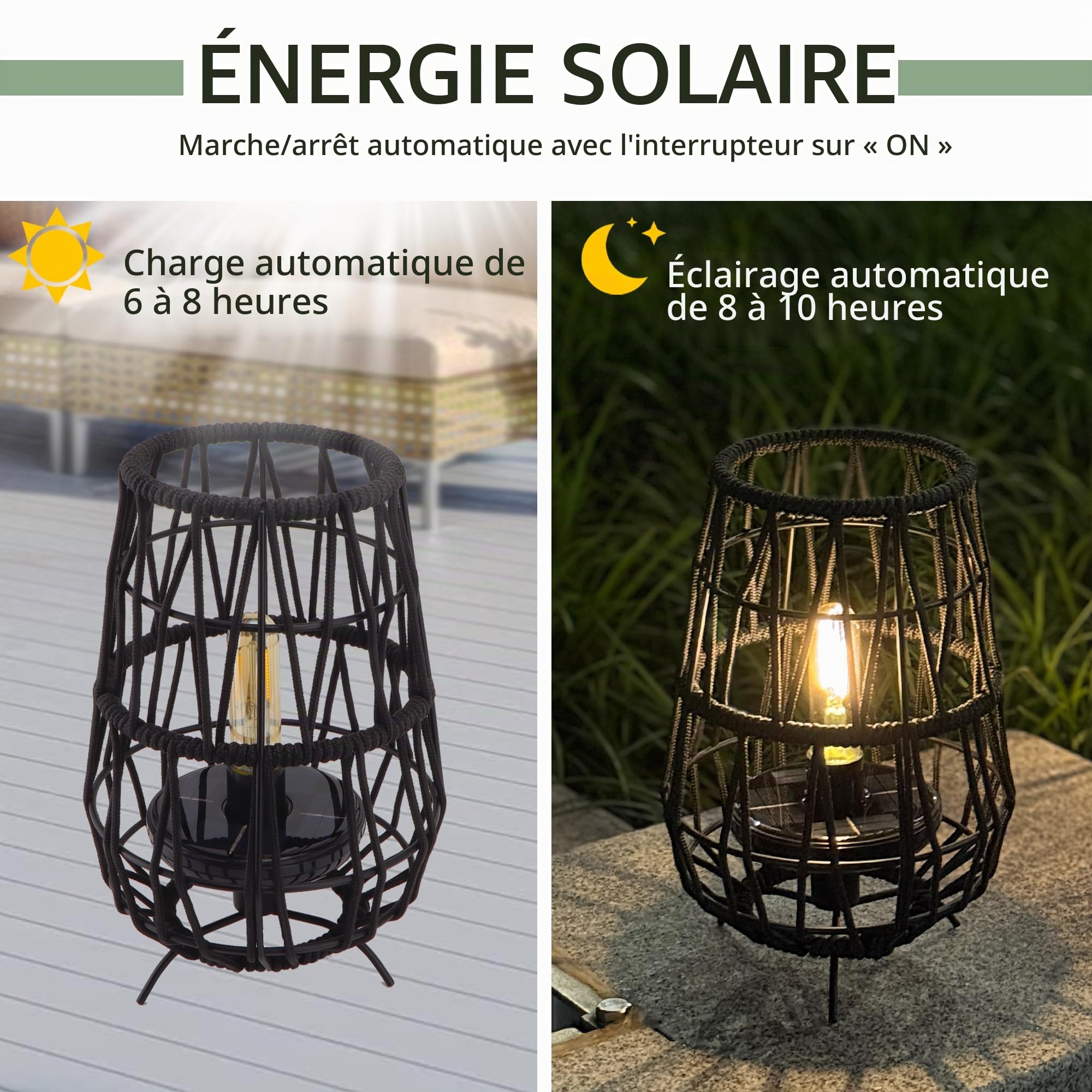 TRIROCKS Lot de 2 lampes solaires d'extérieur de 30 cm de haut avec corde en oléfine, décoration solaire étanche, lampe de table sans fil pour terrasse, pelouse, cour, décoration extérieure (noir)