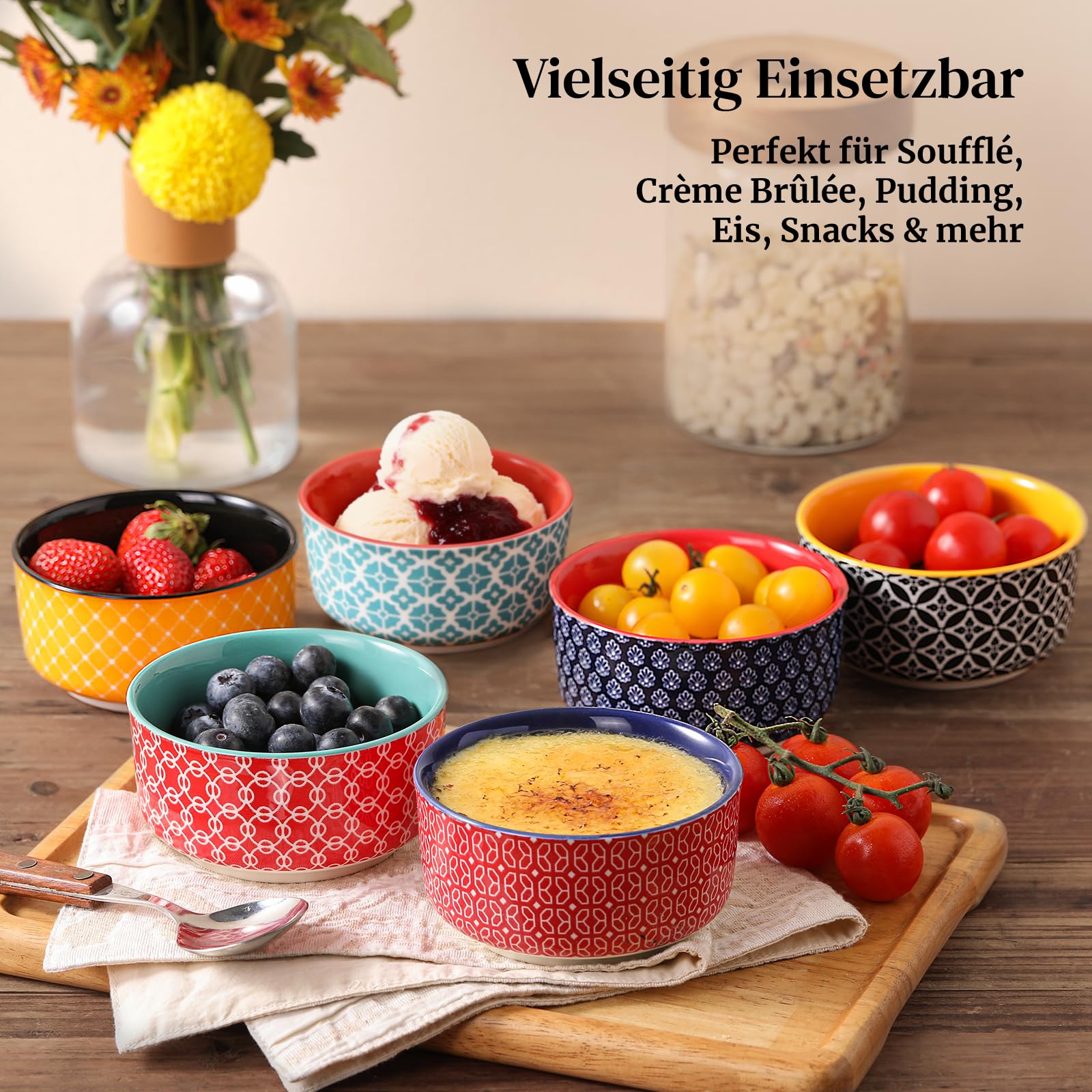 DOWAN Creme Brulee Schälchen 6er Set, 235 ml Porzellan Souffle Förmchen Backofenfest, Kleine Auflaufform, Ragout Fin Schalen, Mikrowellen-, Airfryer- und Spülmaschinenfest, Ø 10,5 cm Mehrfarbig