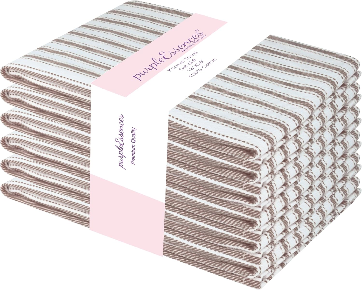 PurpleEssences Stripe Kitchen Towels Cotton 18x28 in Set of 6 - Nut Brown