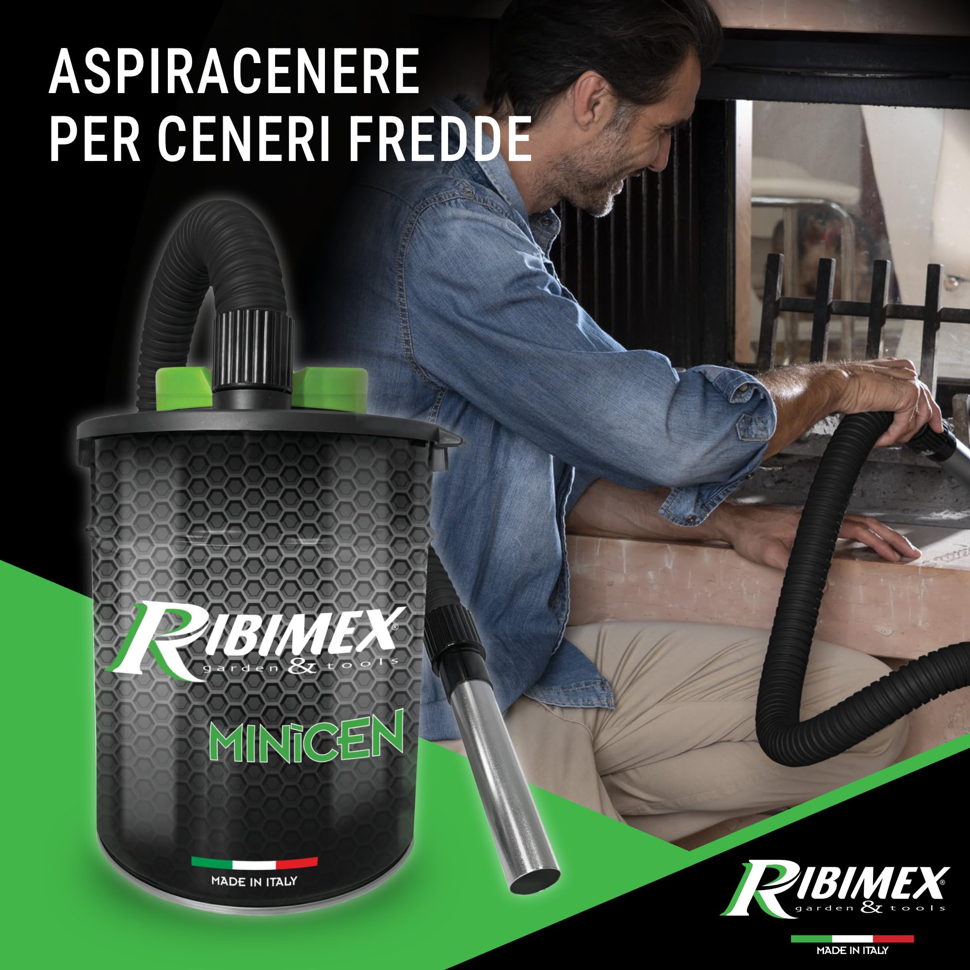 Ribimex Aspiracenere Elettrico Minicen Speciale Pellet, con Filtro HEPA Lavabile, Bidone da 10 L, Potenza 800 W, Ideale per Aspirare Ceneri Fredde da Stufe a Pellet, Accessori Inclusi - PRCEN011/KIT