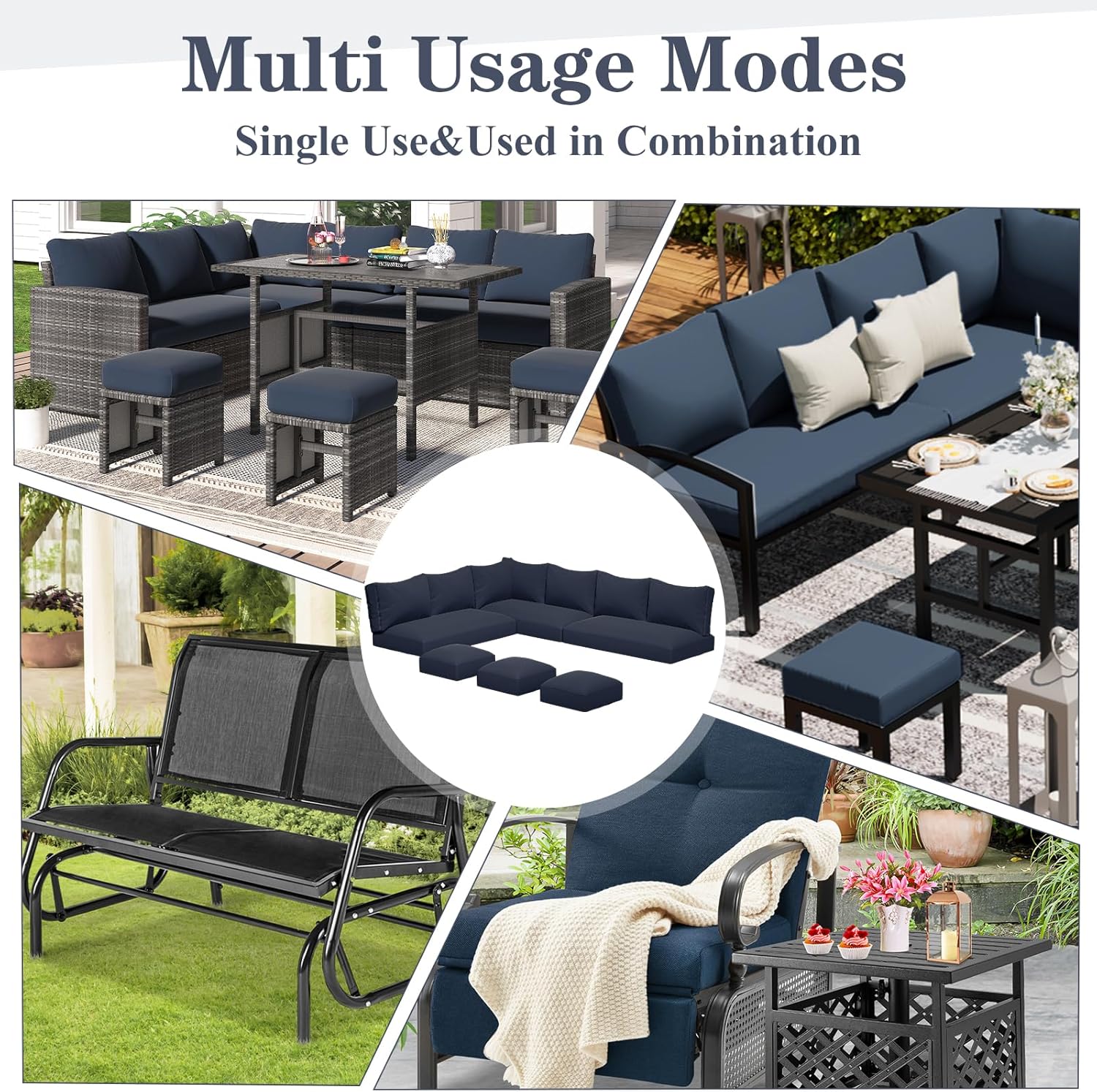 U-MAX Outdoor Cushions for Patio Furniture, 4 inch Memory Foam Patio Cushion Replacement for Outdoor Furniture, Fits 7-Seats Sectional Wicker Conversation Set, Navy