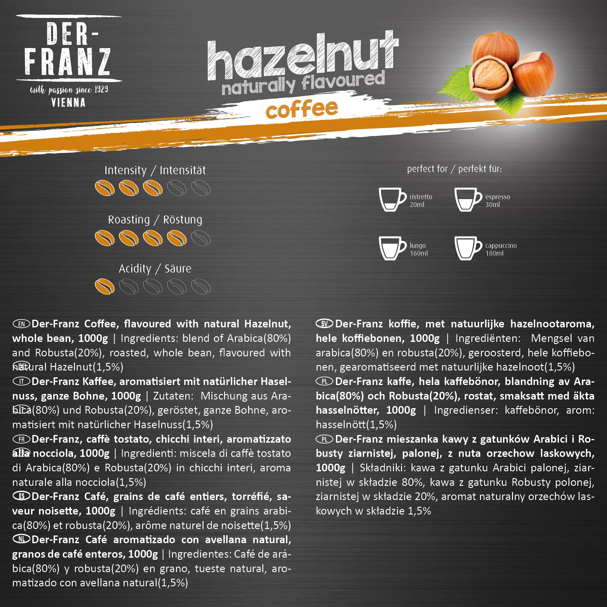 Der-Franz Café, Aromatizados con Avellana, Café mezcla de Arábica y Robusta granos enteros, 1000 g