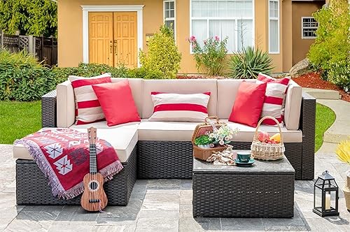 Miniatura 2 de Vongrasig Juego de muebles de patio de 5 piezas, sofá modular de mimbre de ratán PE para todo tipo de clima, juego de conversación de patio pequeño