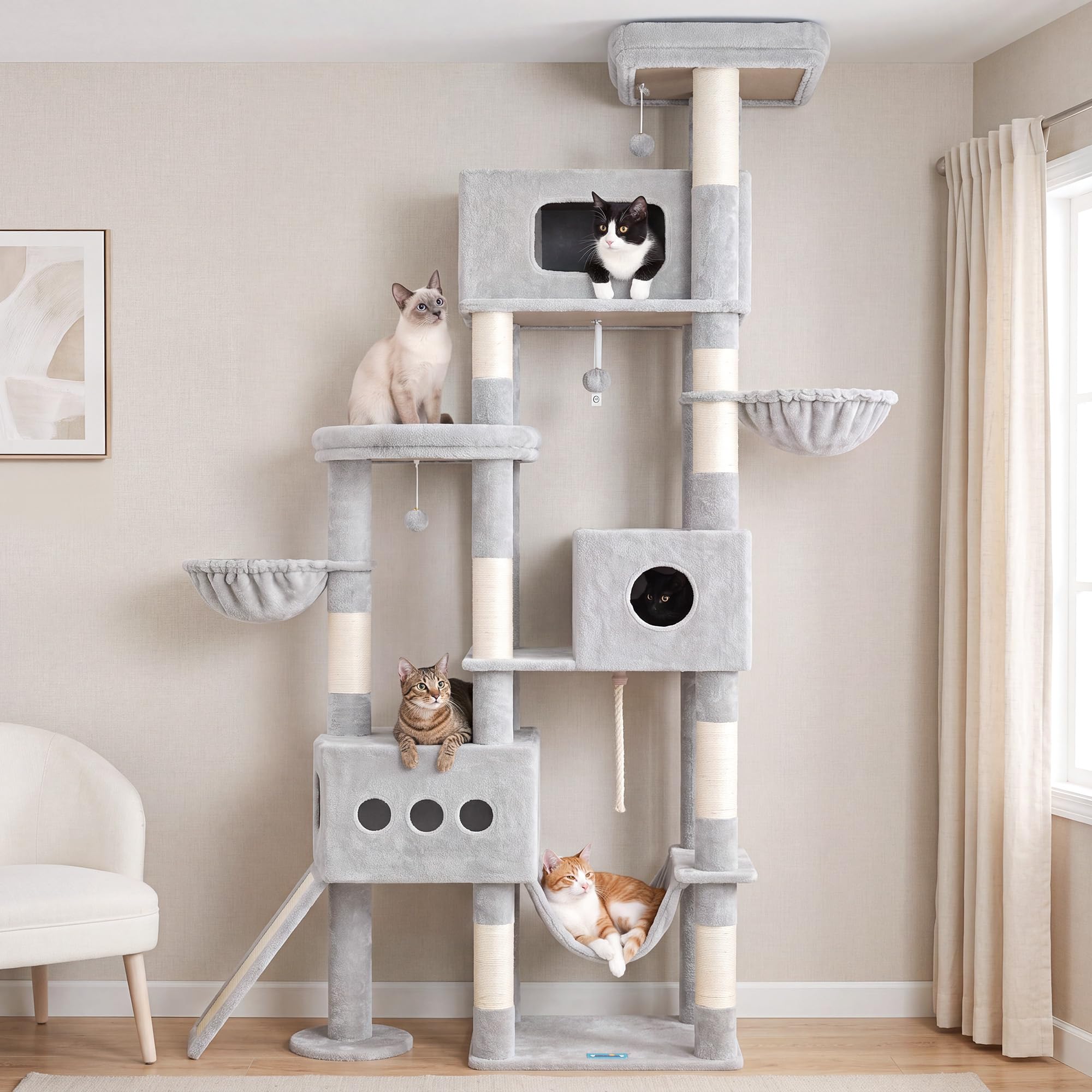 Gitelsnour Árbol para Gatos XXL 225 cm – Árbol Estable para Gatos Grandes, 3 Nidos, 2 Cestas Colgantes, Hamaca, Tabla Rascadora, 2 Plataformas de Observación, Base Estable, Gris Claro GCT808W