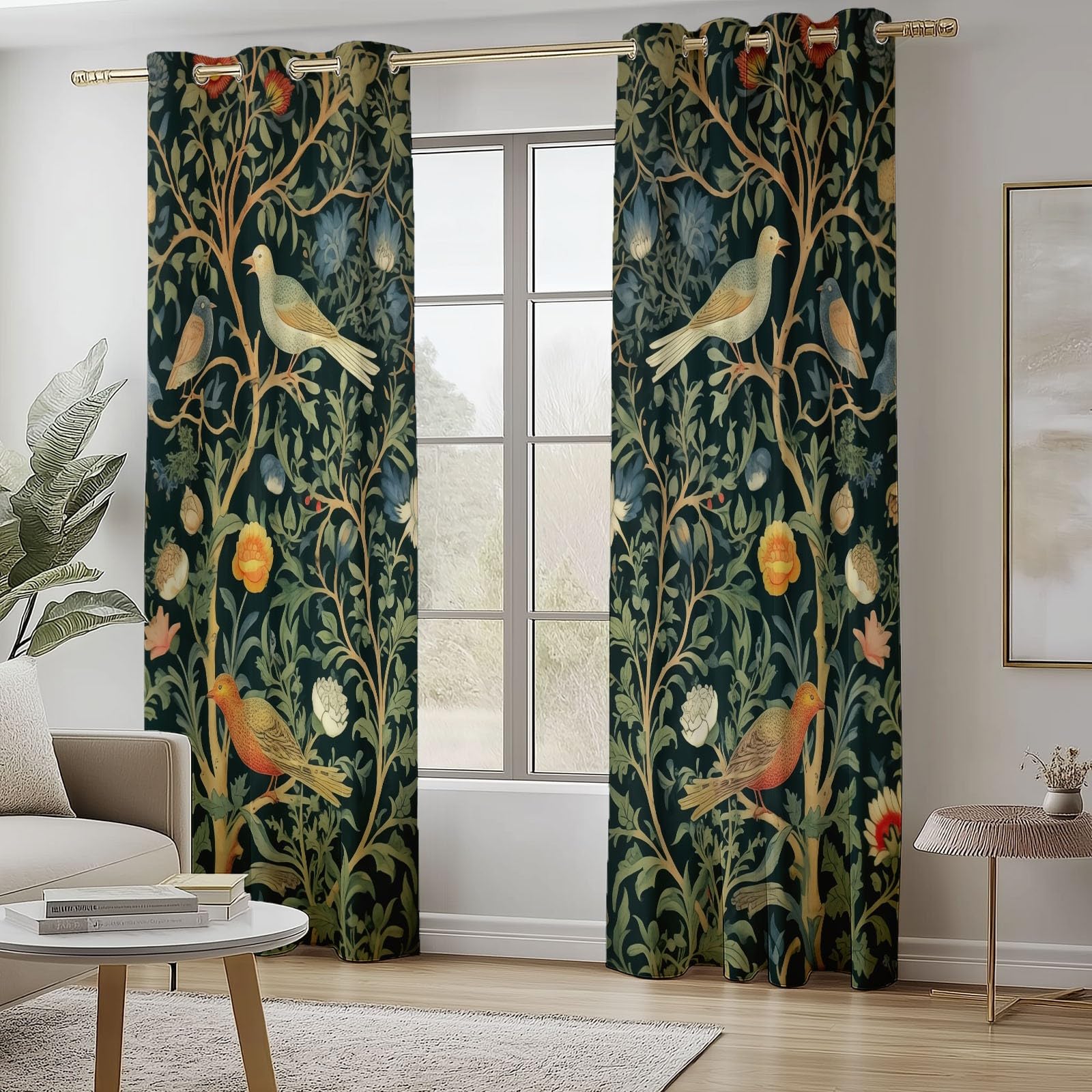 William Morris Fleurs Oiseaux Rideaux à Oeillets 70x240 cm 2 Panneaux Isolant Opaque Vert Foncé Porte-Fenêtre