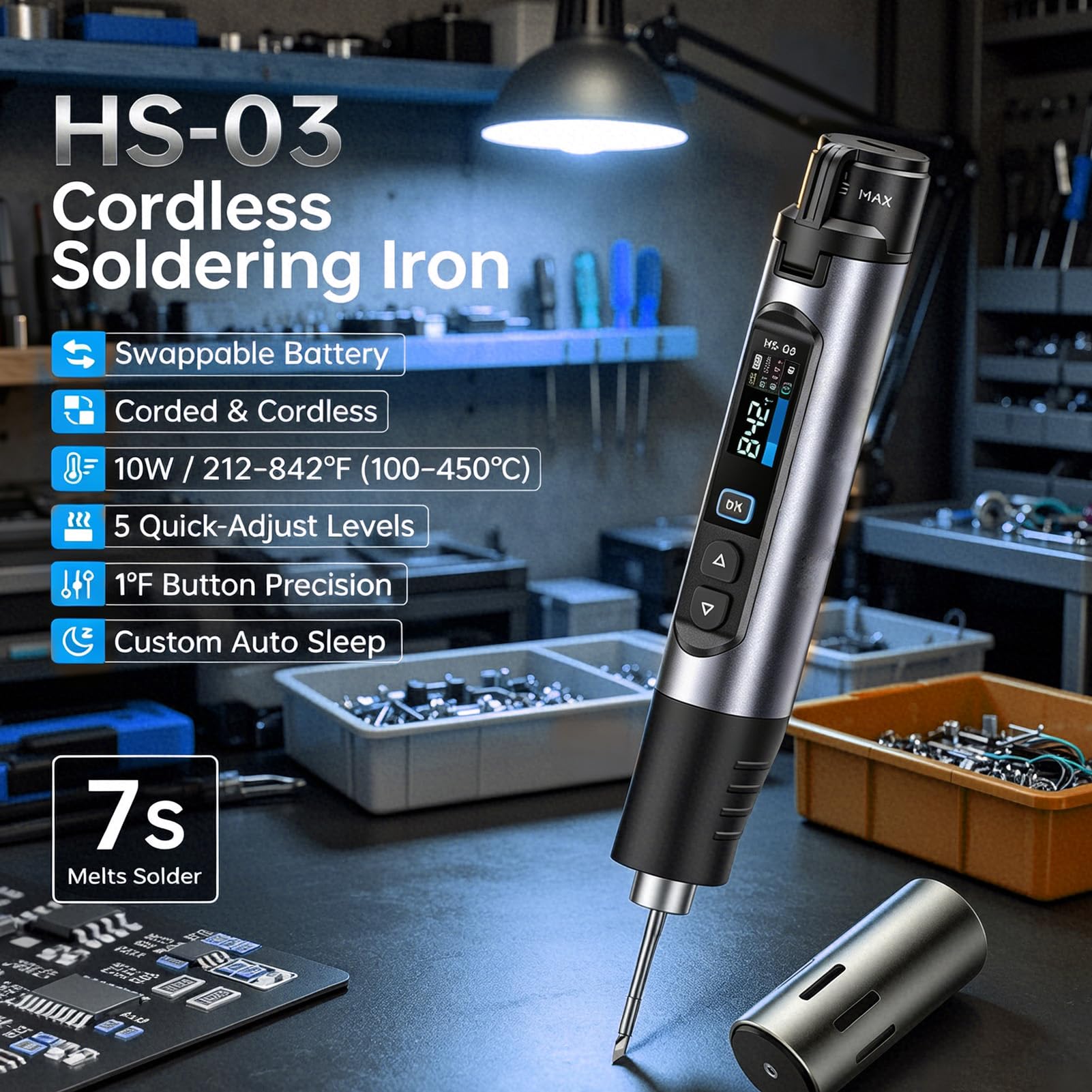 Saldatori di Senza Fili, HS-03 Set Saldatore Portatile, diriscaldamento rapido in 7 secondi, 5 impostazioni di temperatura 100~450 °C, Saldatori UBS-C ricaricabile con display LCD, 3 punte saldatura