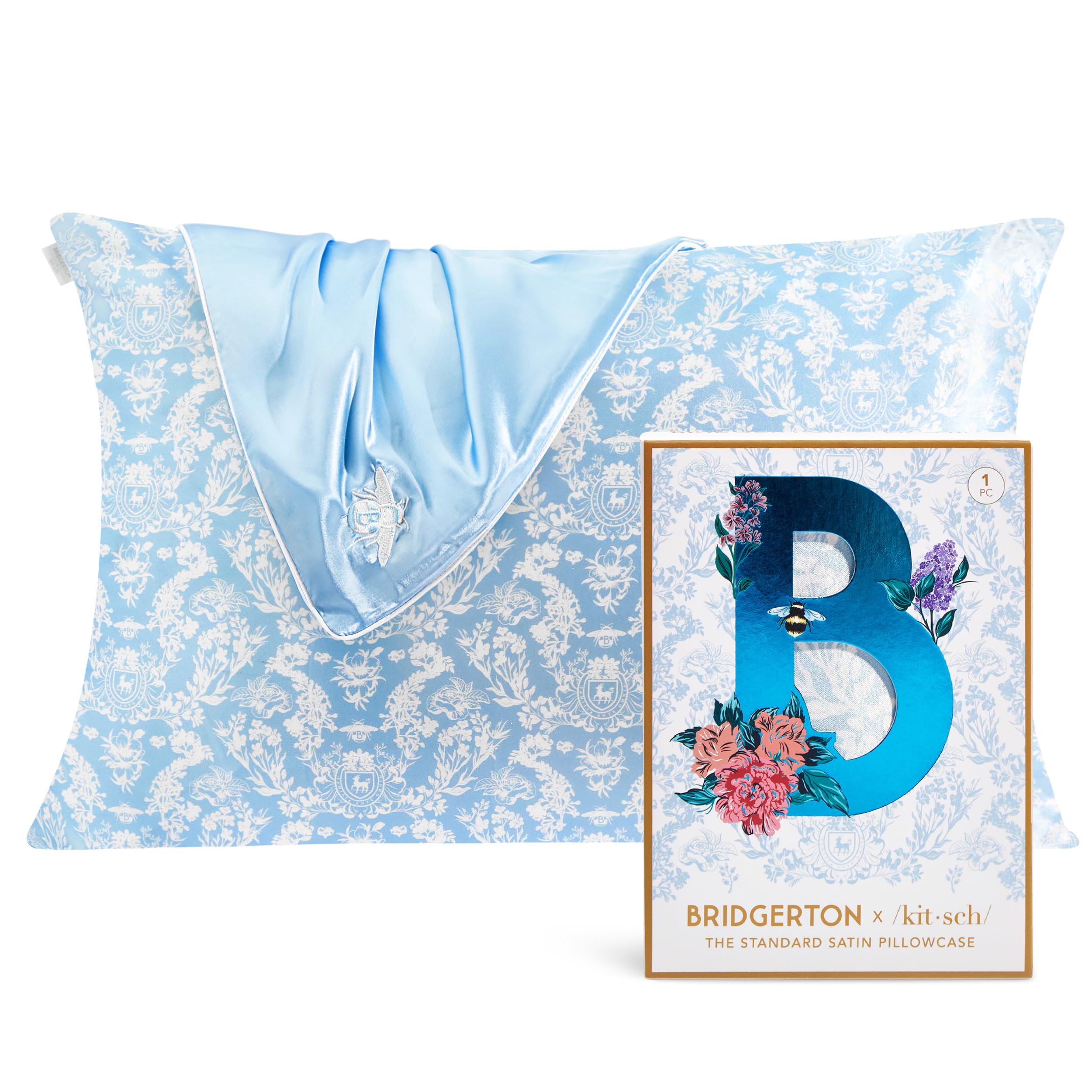 Kitsch x Bridgerton Satin Pillowcase with Zipper for Hair Skin, Softer Than Silk Pillow Cases, Wrinkle-Free, Cooling Satin Pillow Covers, Bridgerton - Toile De Blue, Standard Size (19"x26")