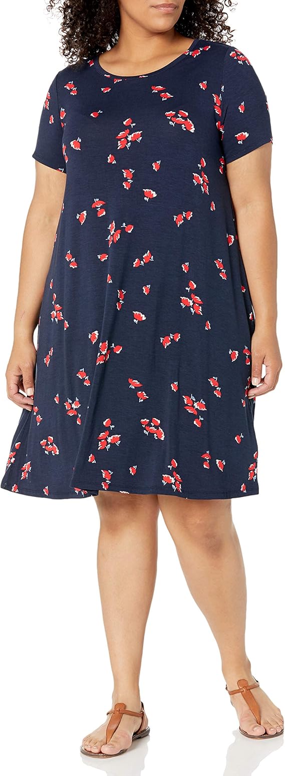 Essentials Women's Short-sleeve Scoopneck Swing Dress, Tossed Tulip Navy, Large