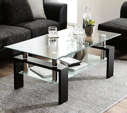 Miniatura 5 de Juego de 3 mesas auxiliares de cristal para sala de estar, mesas auxiliares de sofá Mordern con almacenamiento, mesa esquinera de metal negro, mesa