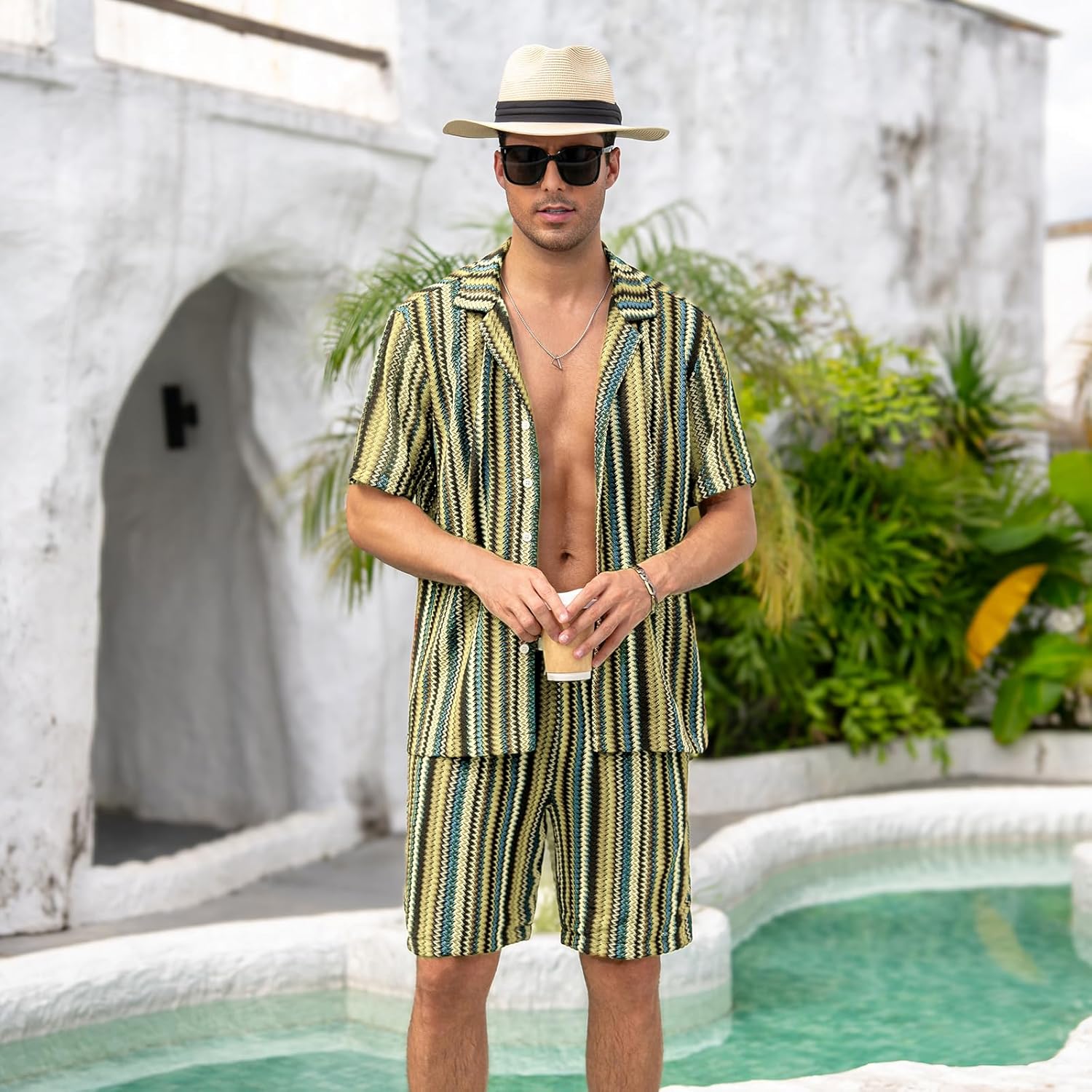 Men’s 2 Piece Casual Beach Set - Striped Short Sleeve Shirt and Shorts Outfit for Summer Vacation Pool Party - Image 3
