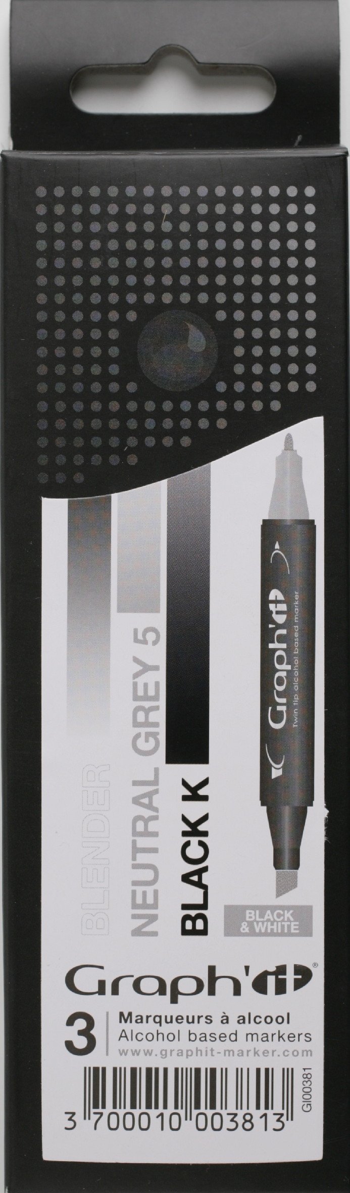 Graph'it Pack of 3 Double Ended Alcohol-Based Marker Pens Dégradé Noir&Blanc