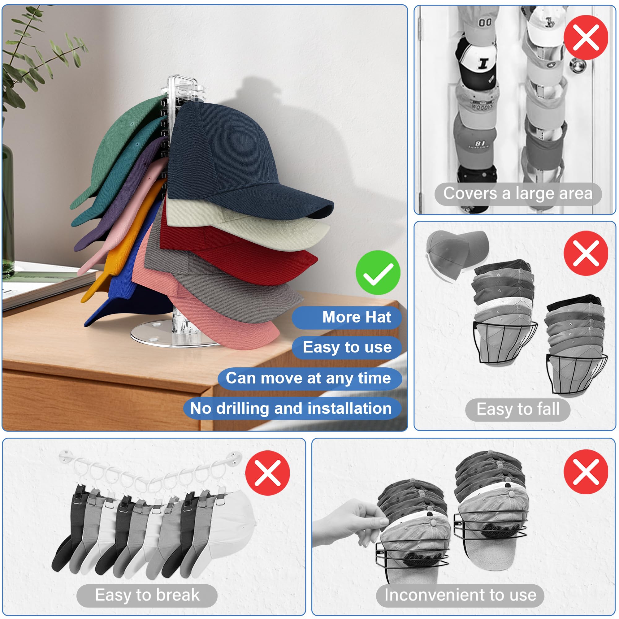 MAGTSMEI Hat Stand for Baseball Caps, 1 Pack Hat Organizer for 24 Baseball Caps, Acrylic Hat Racks No Install Hat Storage Display for Bedroom, Dresser, Closet (Clear)