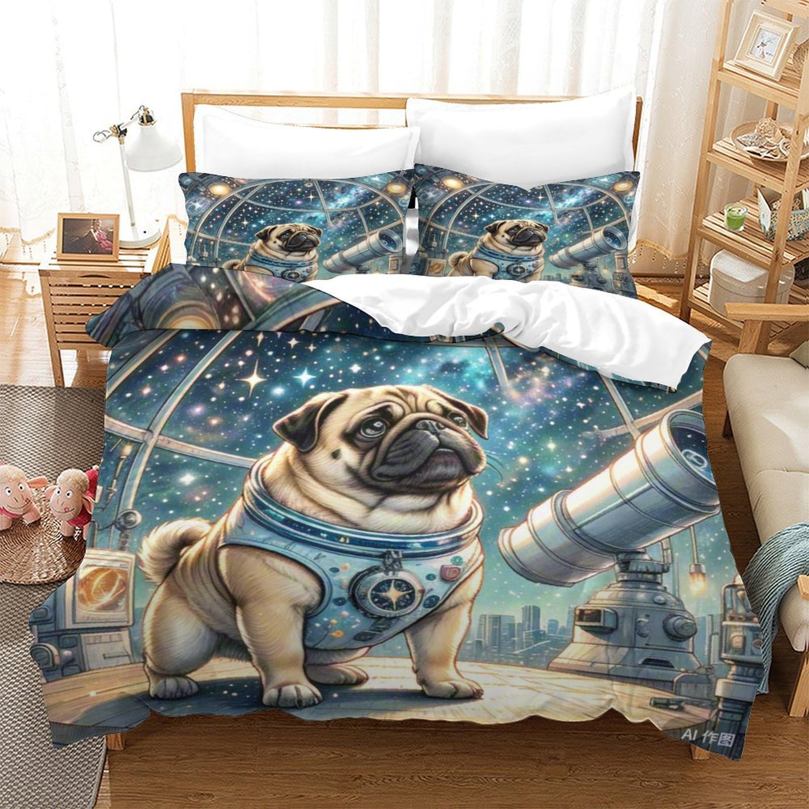 Parure de lit Pug 3D 140x200 avec housse de couette microfibre et taie
