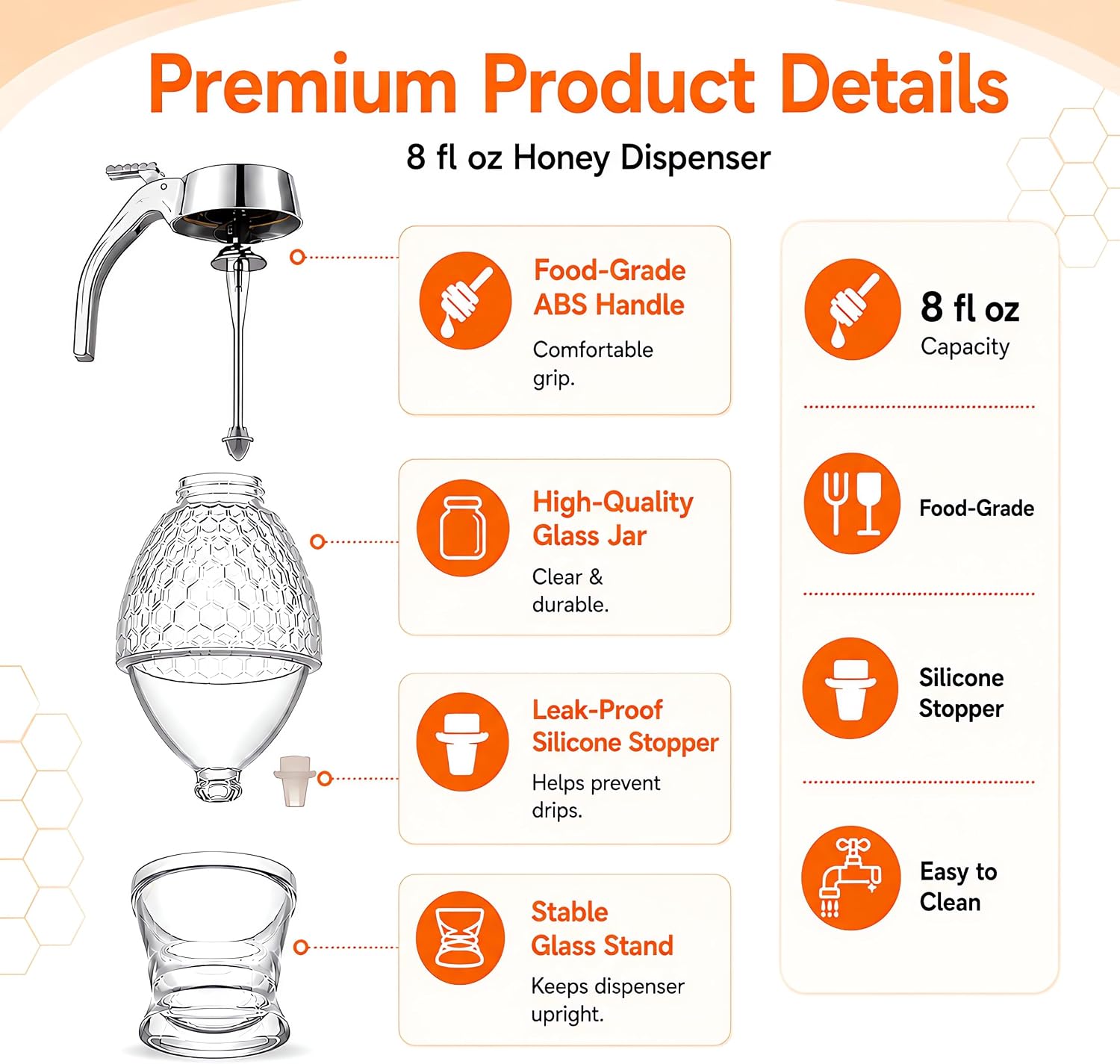 Honey Dispenser with Stand, 8oz No-Drip Honeycomb Glass Jar (8oz) image 3