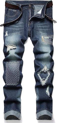 YIHUILONG Men's Ripped Jeans Regular Fit Distressed Slim Straight Leg Stacked Bi