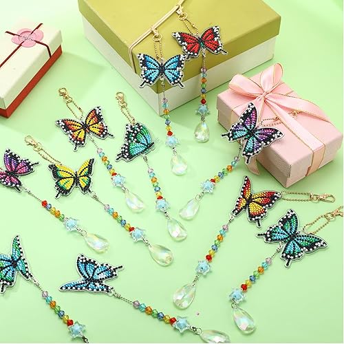 Miniatura 5 de Kigley Kit de 12 llaveros de pintura de diamante de mariposa, kit de pintura de diamante, carillón de viento de doble cara, adornos colgantes de