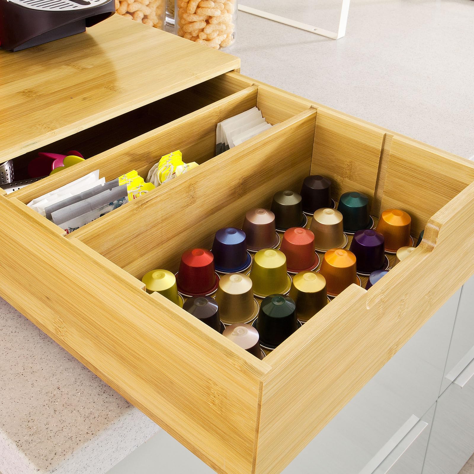 SoBuy Capsulehouder met 2 Lades - Bamboe - 30 x 18 x 31 cm
