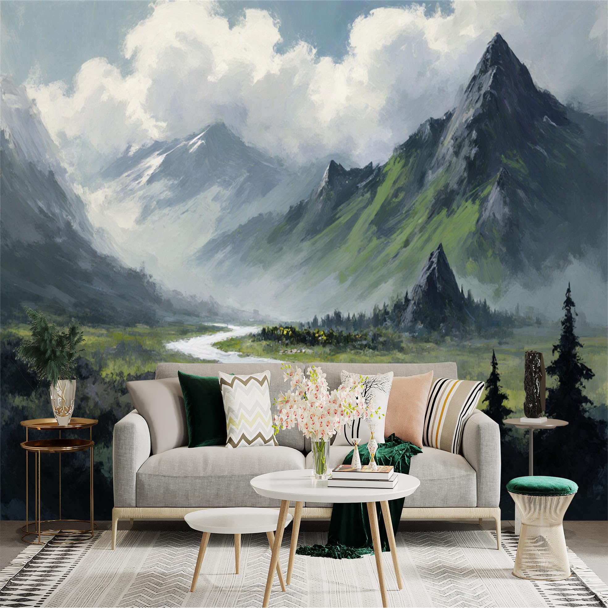 Custom Size Wall Sticker Mural， Mountain Valley Landscape with River， Green Hills and Clouds， for wall Decoration， peelandstick wall Decals.