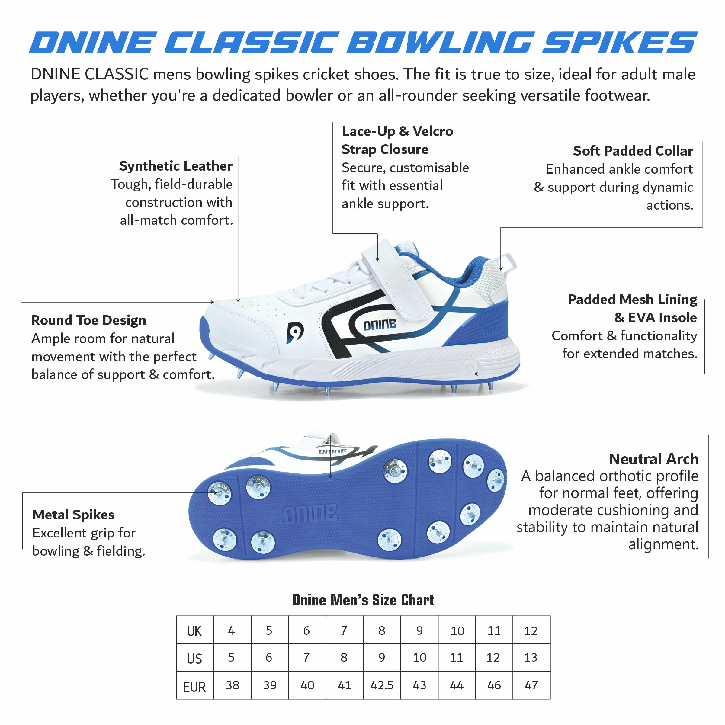 DNINE Classic Men Bowling Spikes Cricket Shoes White/Blue 4