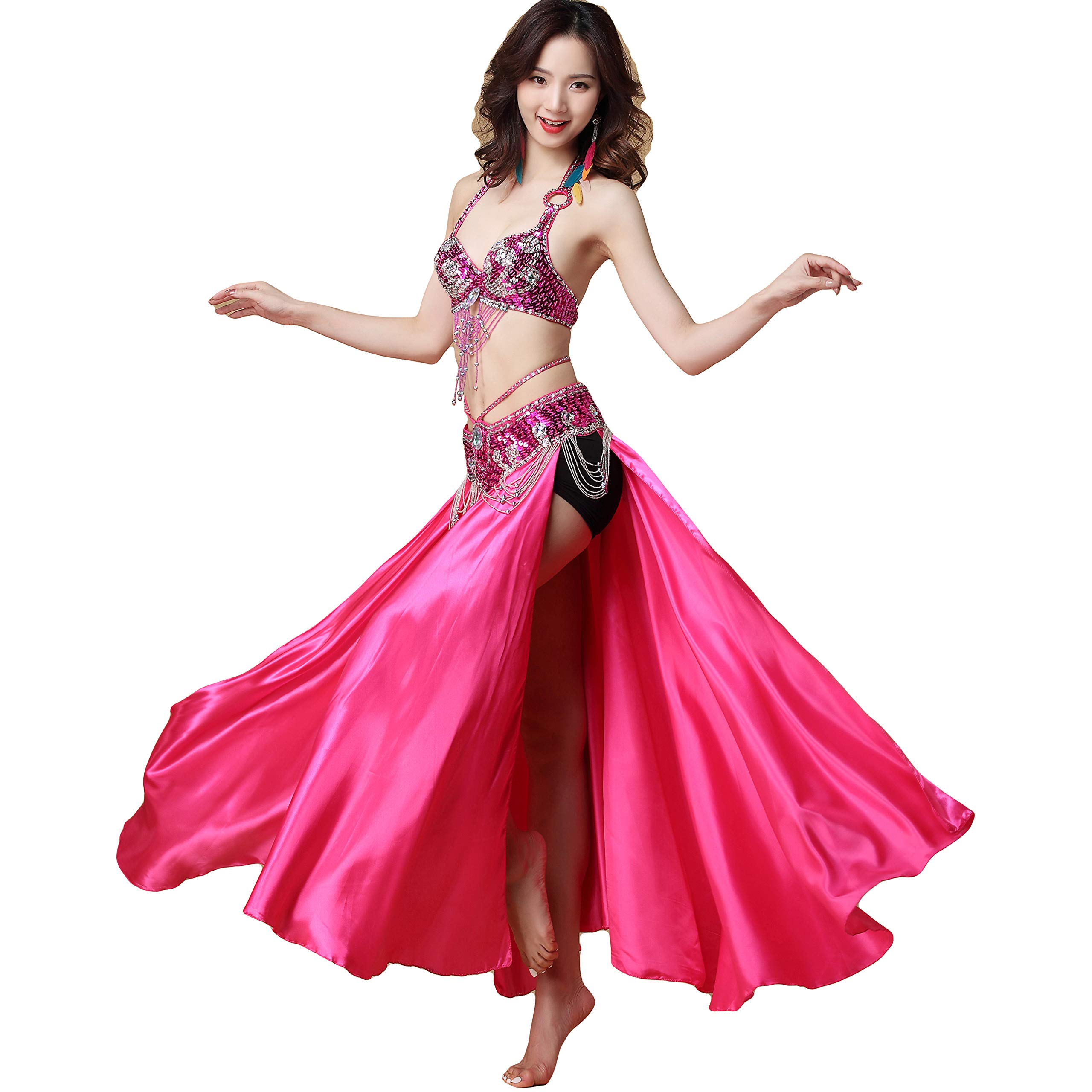 Baisdan Women's Rose Pink Arabic Belly Dance Halloween Carnival Fancy Dress Costume Dancing Outfit Top Belt Skirt Suit Large