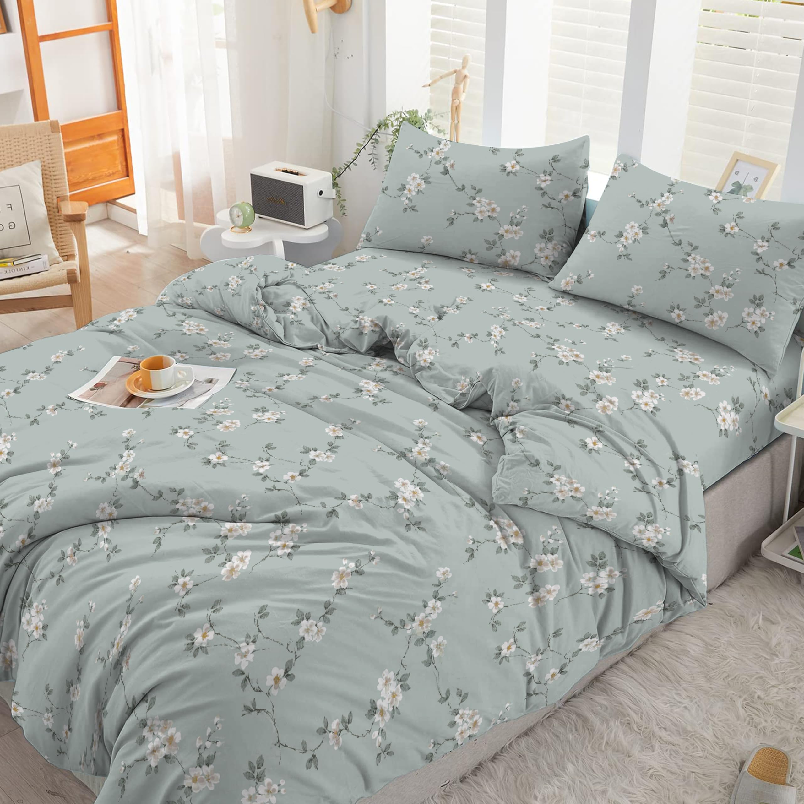Cotton Comfort Bedding & Linen 3PCS Double Duvet Cover Set 100% Egyptian Cotton Bedding Double Bed Set 400 Thread Count Floral Printed Min Bloom Duvet Cover Double with Pillow Cases 2 Pack