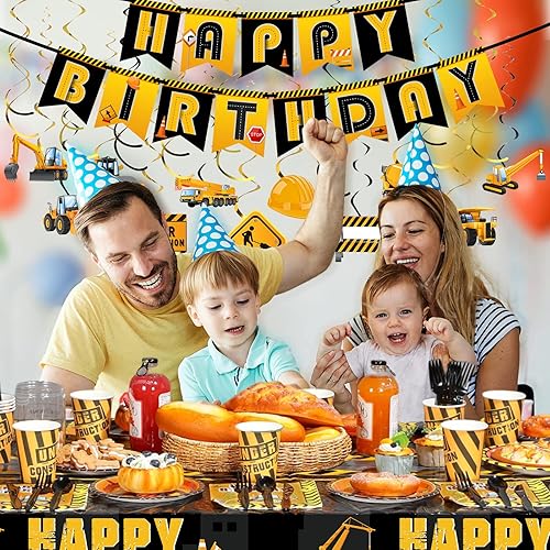 Miniatura 6 de Ctosree 179 piezas de suministros de construcción para fiestas de cumpleaños, decoración de fiesta de camión volquete para niños, incluye pancarta,