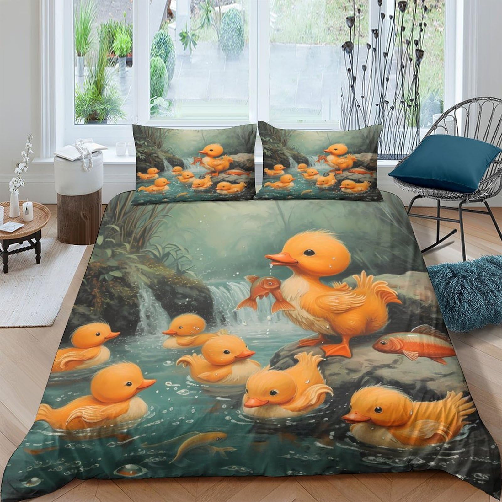 Ctjqhvkz Style-1 3D Printed Duck Family Fitted Sheet Microfiber Soft Orange Pond Scene Bed Cover Non-Slip Washable For Bedroom Decor Single（135X200cm）