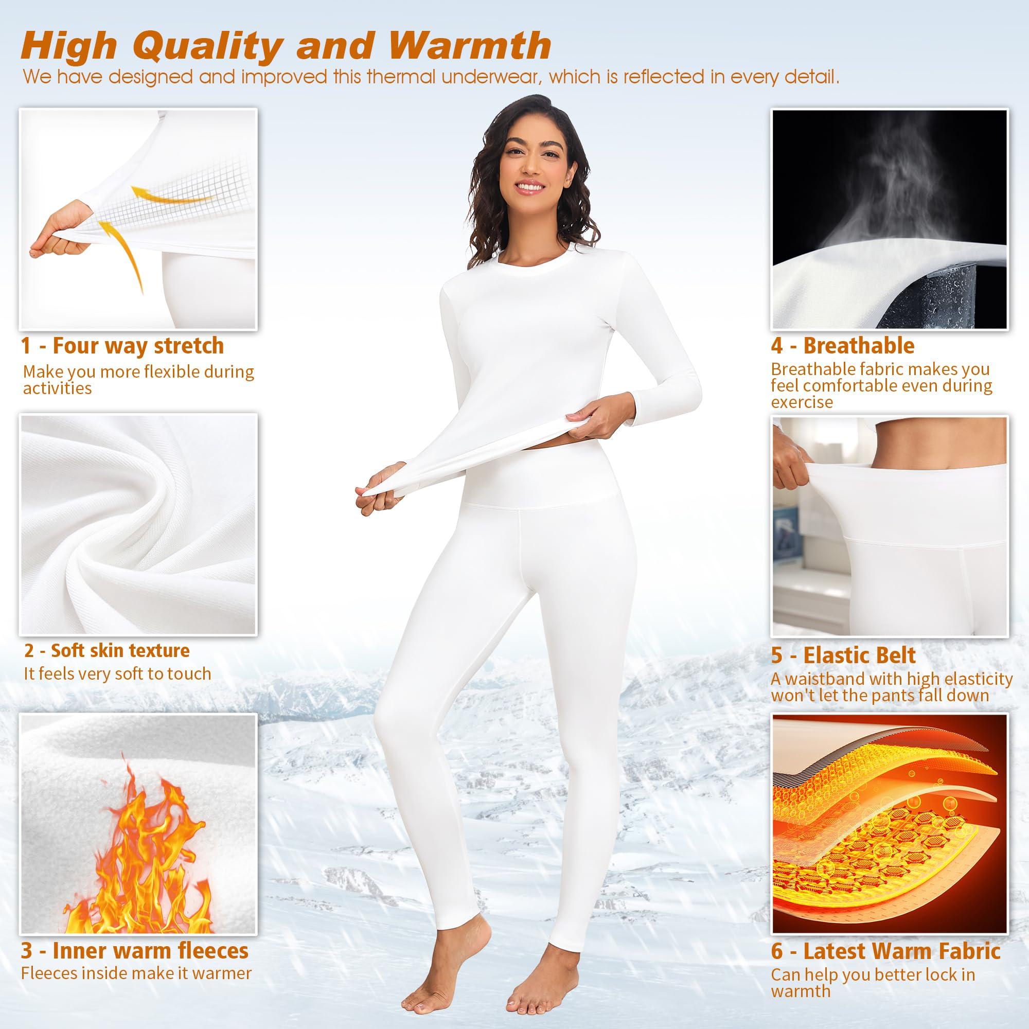 HiZiTi Intimo Termico Donna Maglia Lunga Tuta Invernale Biancheria Termici Abbigliamento Termica Completo Leggings Magliette Calze Pantaloni Termiche Completo Sci Donna Nero Bianca