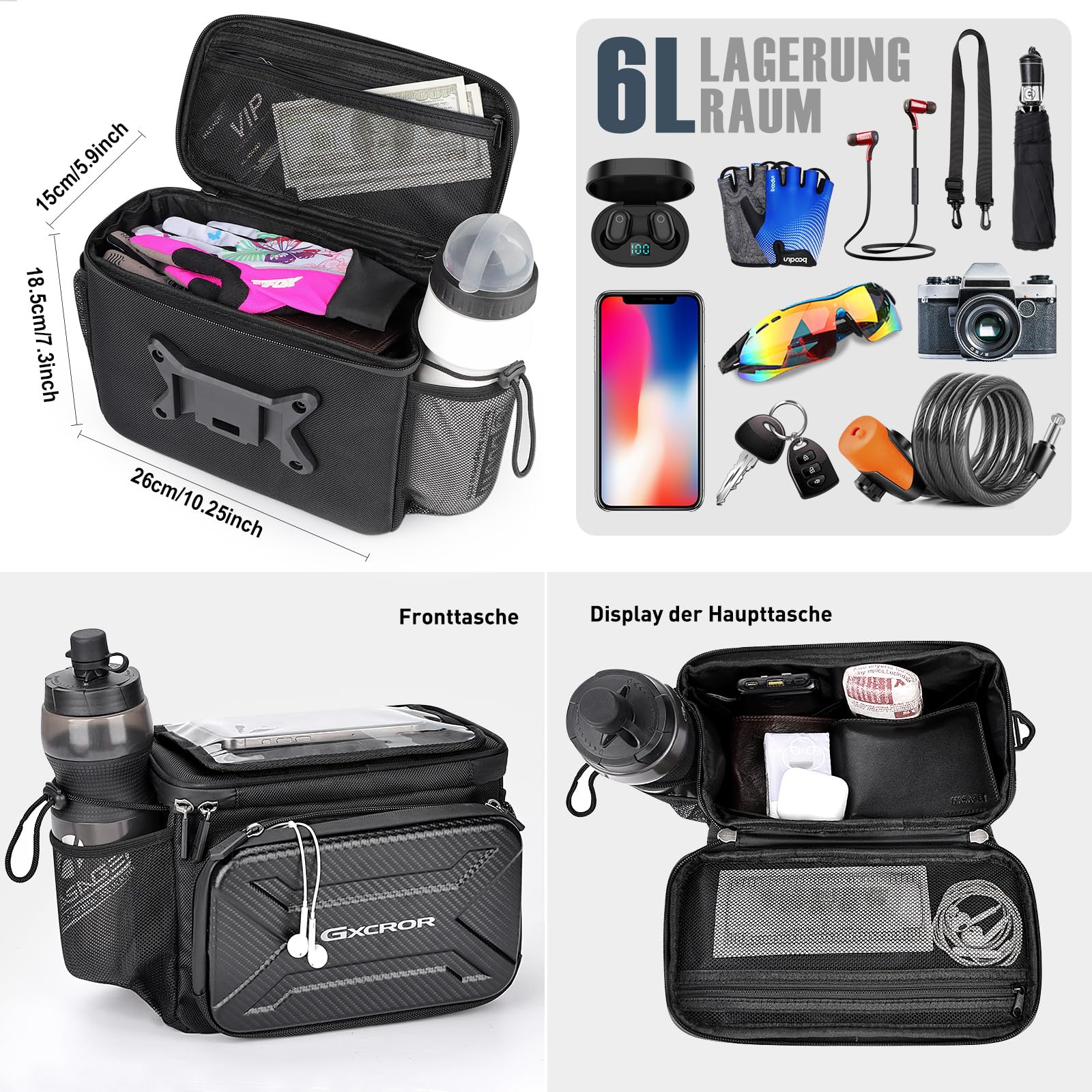 GXCROR Fahrradtasche,6L,Lenkertasche Fahrrad,Fahrradtasche Lenker,Wasserdicht,Mit Lenkeradapter,Fahrradtaschen,Fahrrad Tasche Fahrradkorb Vorne Ebike