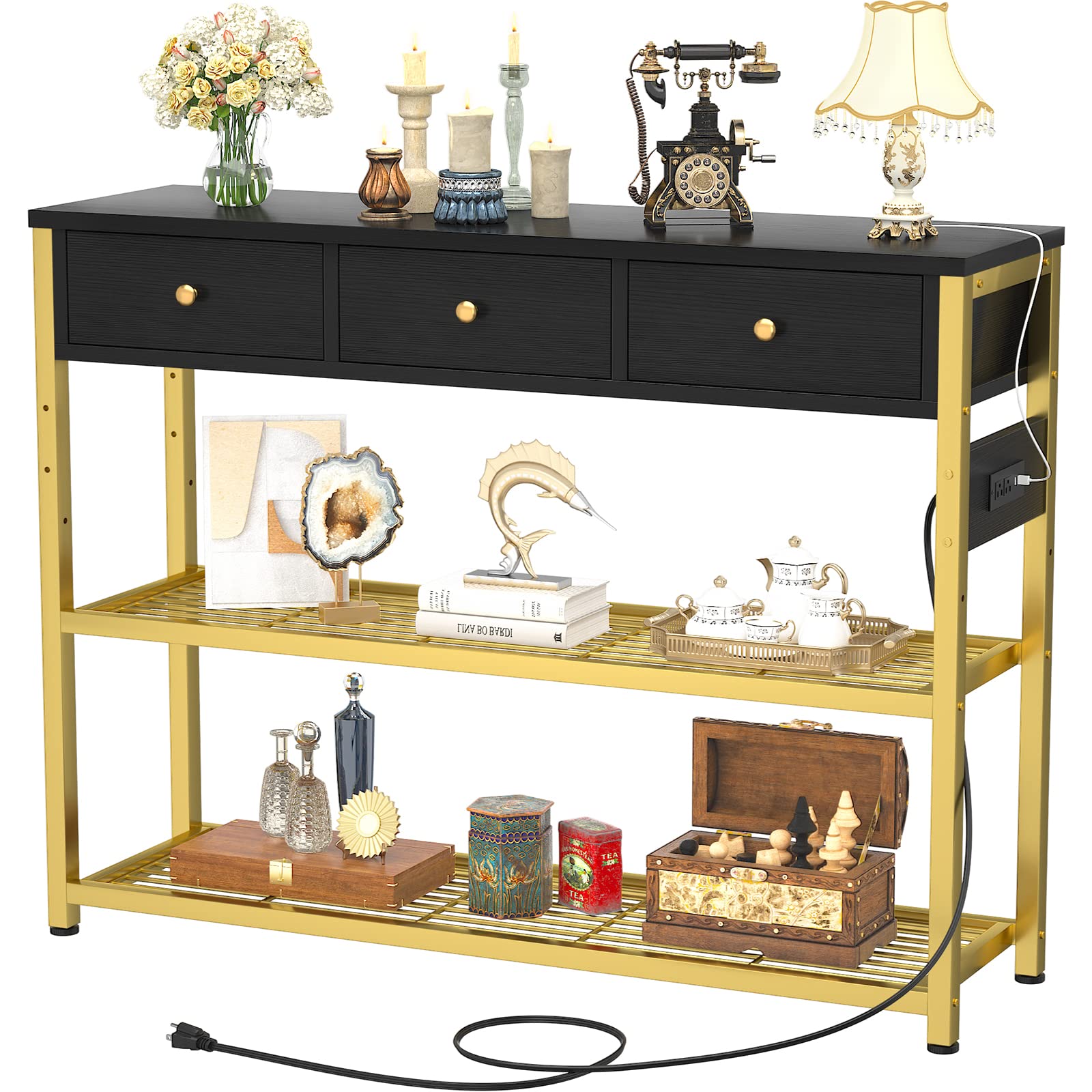 Photo 1 of Ecoprsio 47'' Entryway Table with Outlets and USB Ports, Console Table with 3 Drawers, Sofa Table Narrow Long with Storage Shelves for Living Room, Couch, Hallway, Foyer, Black & Golden Black & Golden 47-In