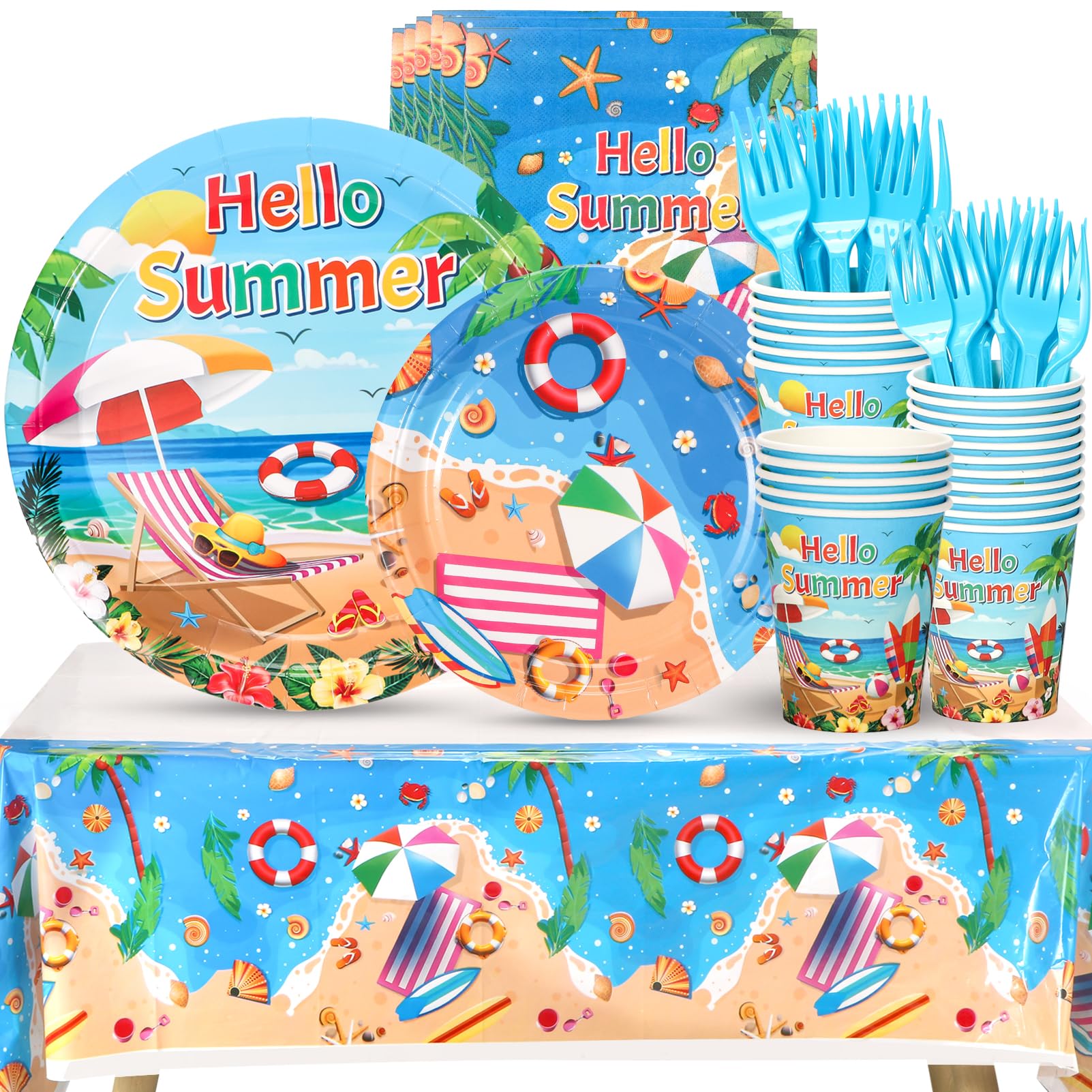 Atonofun Beach Paper Plates, Beach Plates and Napkins Party Supplies, Disposable Plates, Cups, Napkins, Cutlery and Tablecloth for Hawaiian, Summer Party, Beach Birthday Party Decorations Serves 24