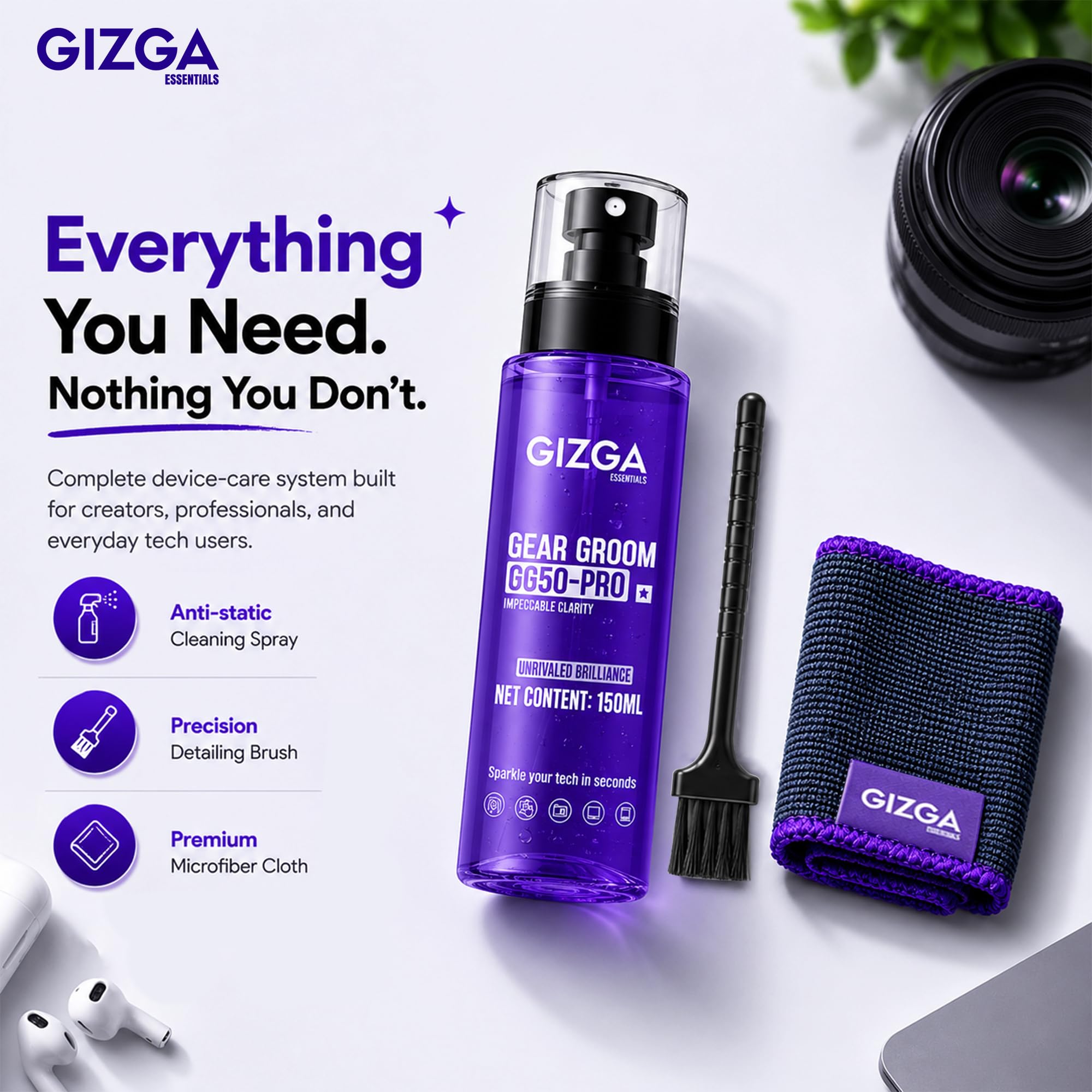 Gizga Pro Series 3-in-1 Cleaning KIT - 150ml Cleaning Spray, Microfiber Cloth & Cleaning Brush| Safe Screen Cleaner for Laptop, PC, Smartphone, Tablet, DSLR Camera Lens, Binocular, Keyboard, Gadgets 2
