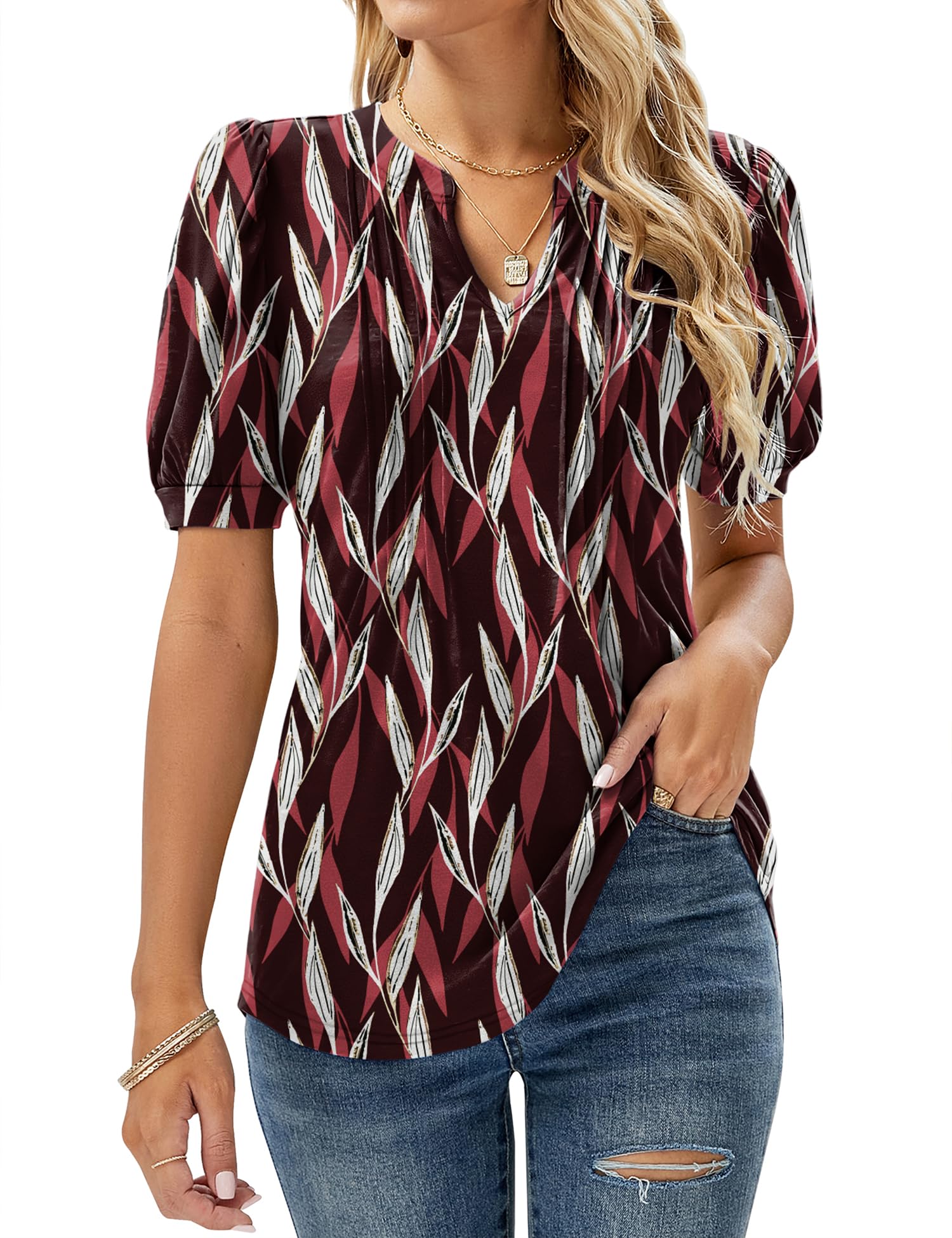 Womens V Neck Tops Puff Short Sleeve T-Shirt Pleated Floral Printed Tunic Blouse Shirts — view 12