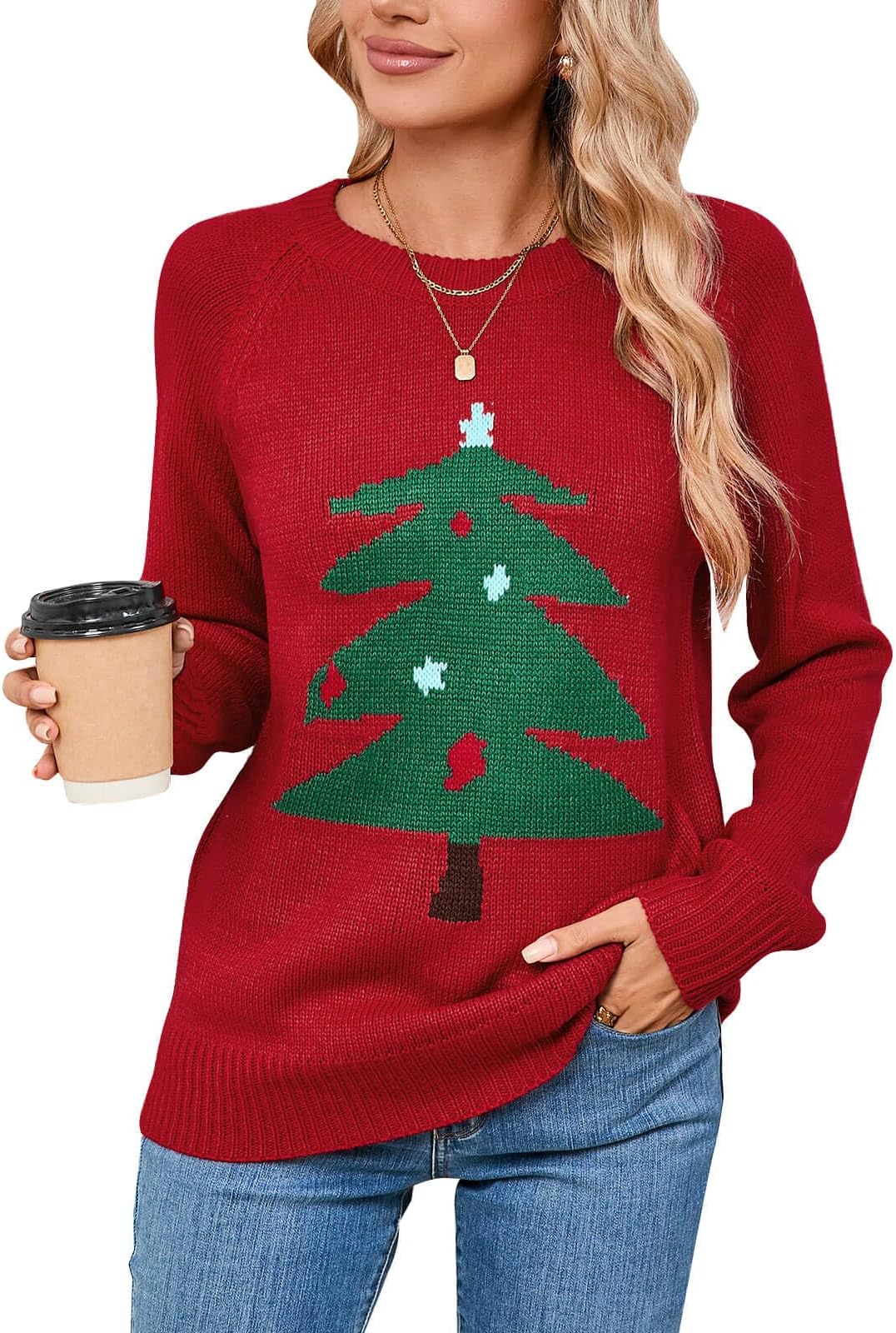 Women's Pullover Long Sleeve Sweaters,Heart Pattern Crewneck Knitted Cute Sweaters for Women