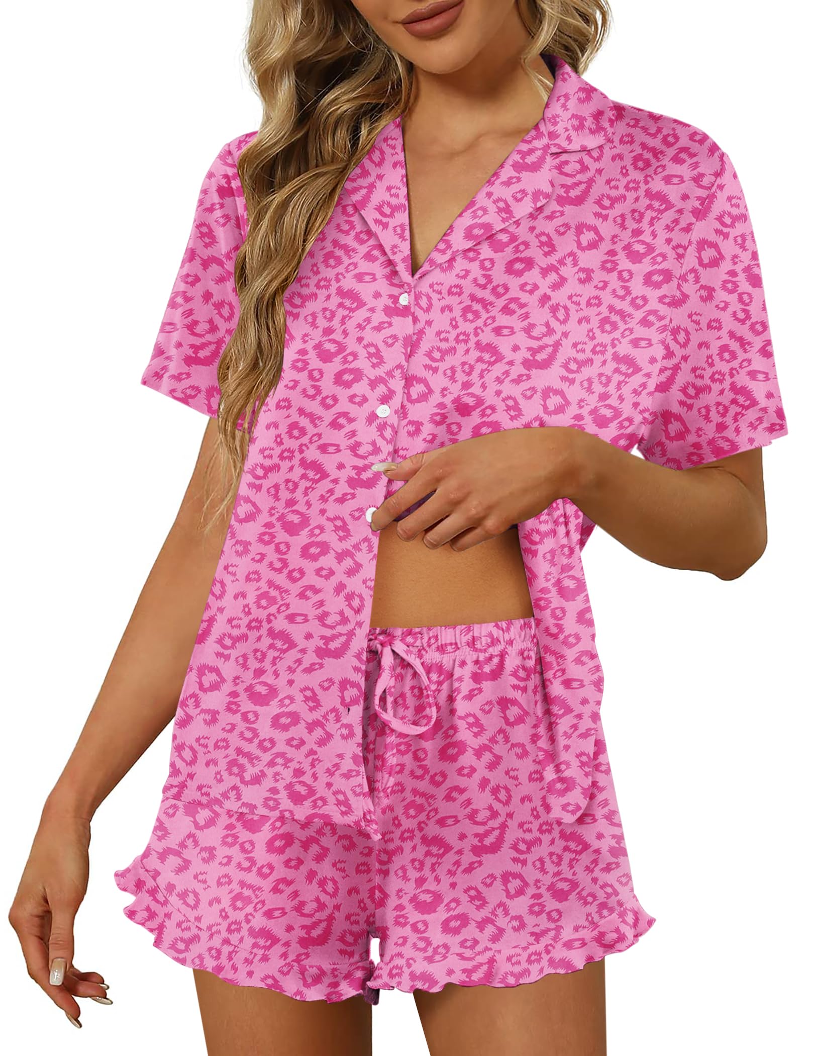 Ekouaer Pajamas Set for Women Short Sleeve Sleepwear Button Down Ruffle Pjs | Soft Pjs Shorts Set, Notch Collar, Lounge Sets for Sleep, Lounge, Wedding, Bridal Party