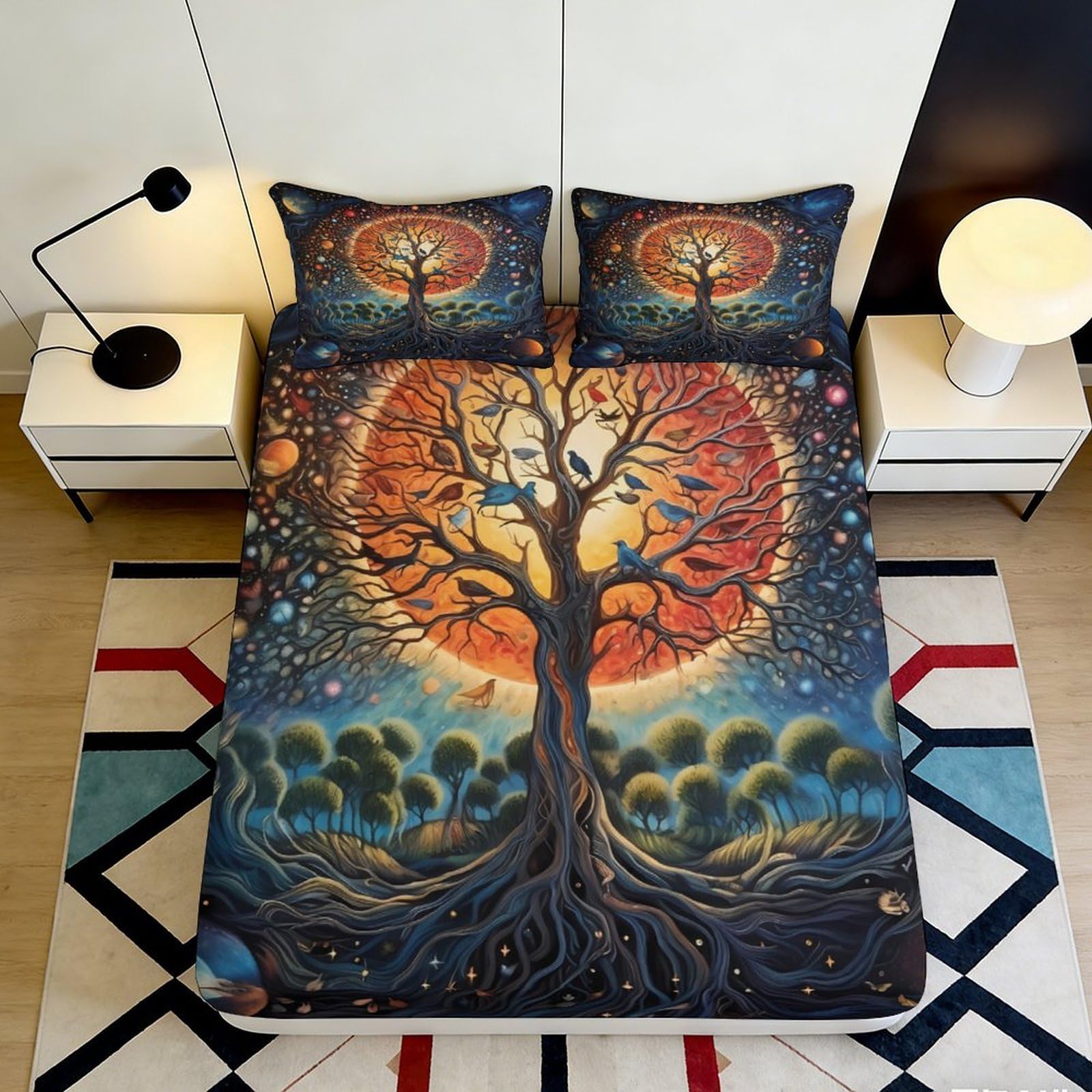 Jqzkxnhpbr Style-1 3D Printed Tree Of Life Fitted Sheet Microfiber Soft Breathable Sun Moon Bed Cover For Bedroom Guest Room Decor 90X200x25cm