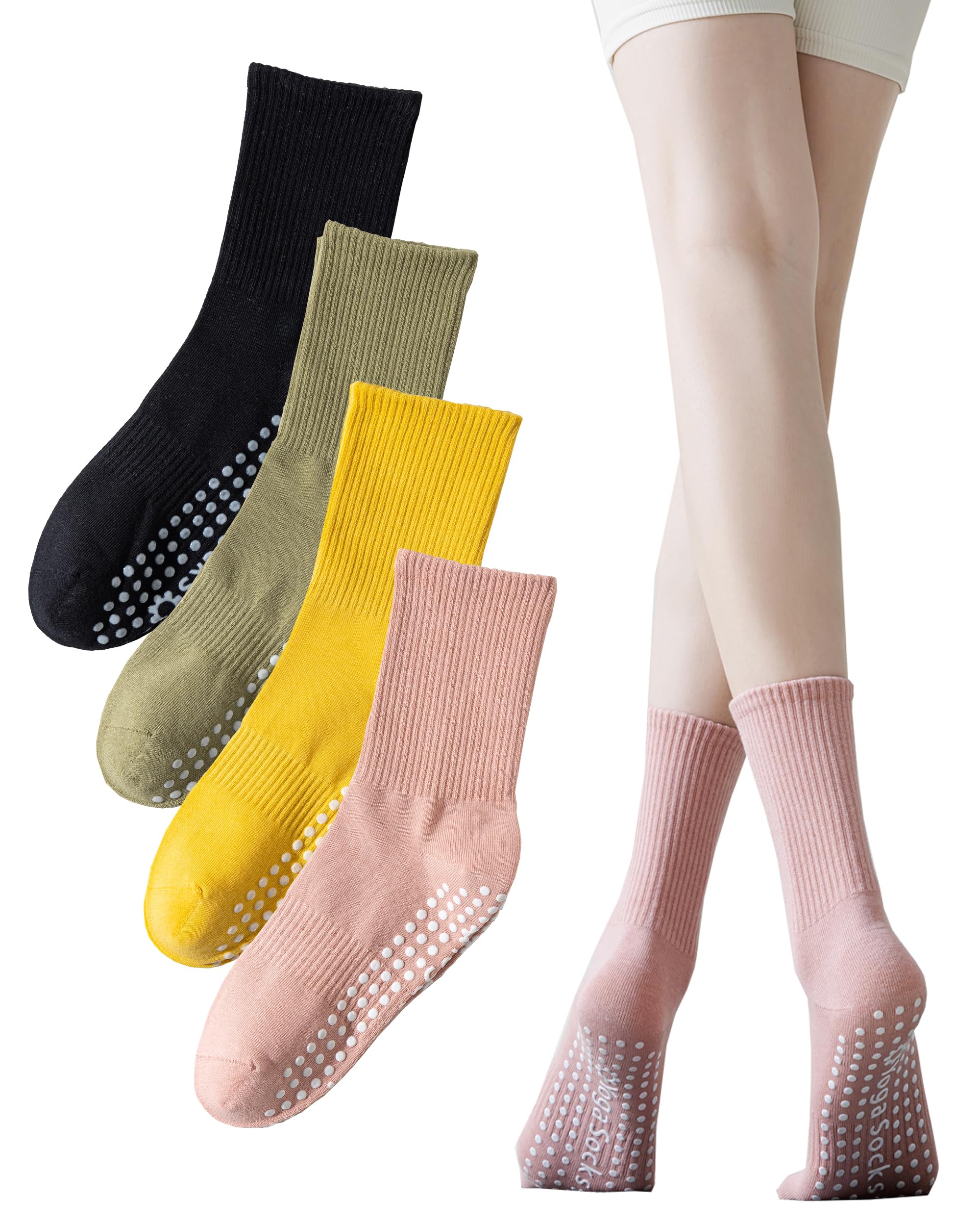 Digoon 4 Pairs Yoga Socks with Grips for Women Non Slip Socks for Barre,Ballet,Dance,Workout Anti Skid Crew Pilates Socks
