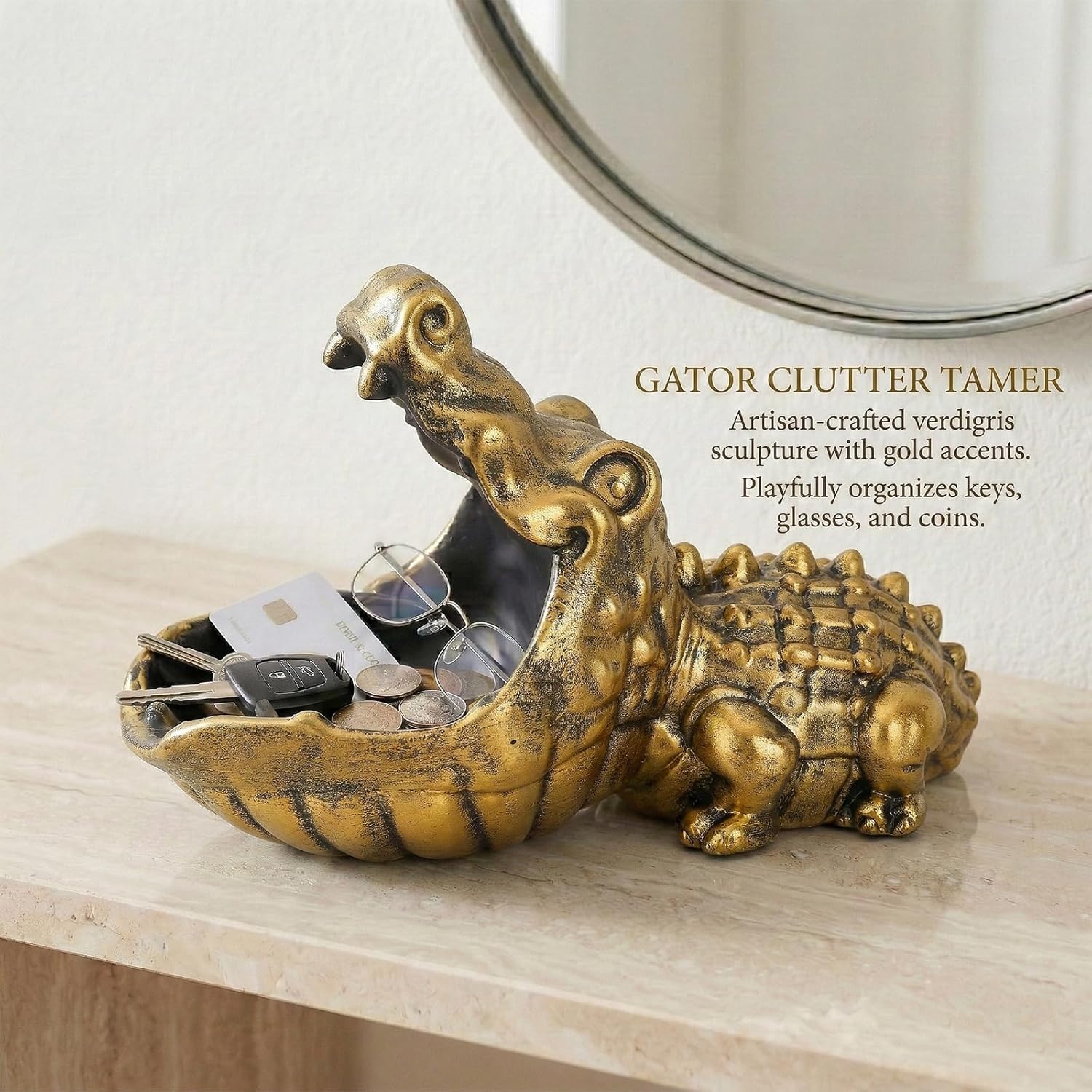 LCCCK Crocodile Candy Dish, Fun Crocodile Statue Key Bowl for Entryway Table, Gold Big Mouth Sculpture Weird Animal Hippo Candy Bowl - for Office Entry Way Table Art Sundries Container Storage Box